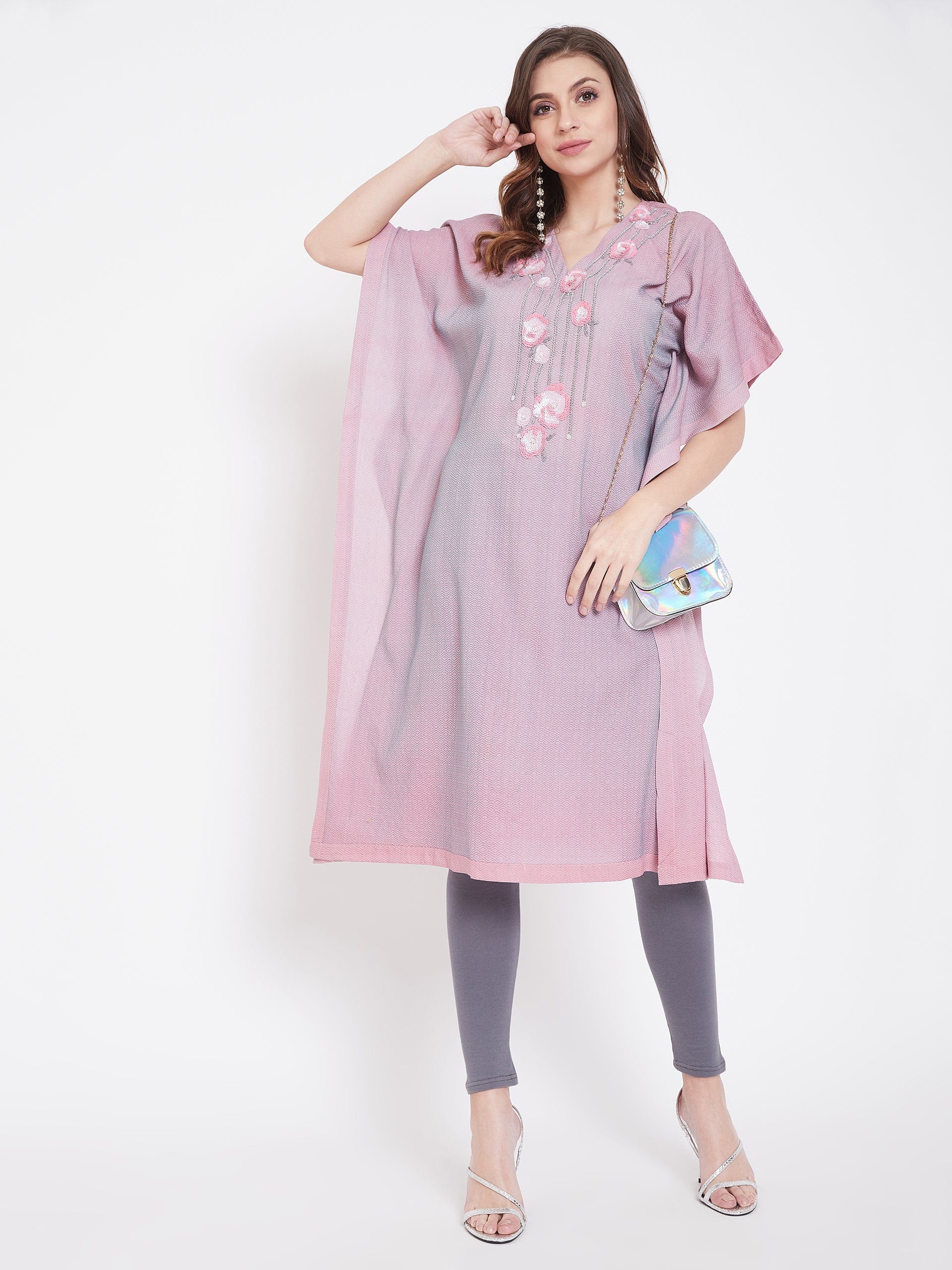 The Kaftan Company Kurta Sequins Embroidery Pink Jacquard Silk Kaftan