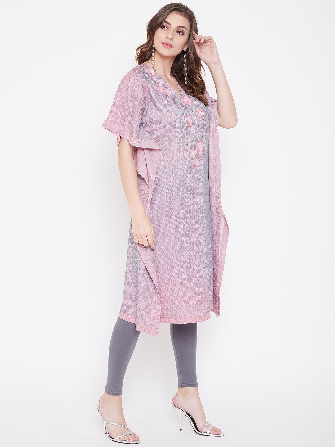 The Kaftan Company Kurta Sequins Embroidery Pink Jacquard Silk Kaftan