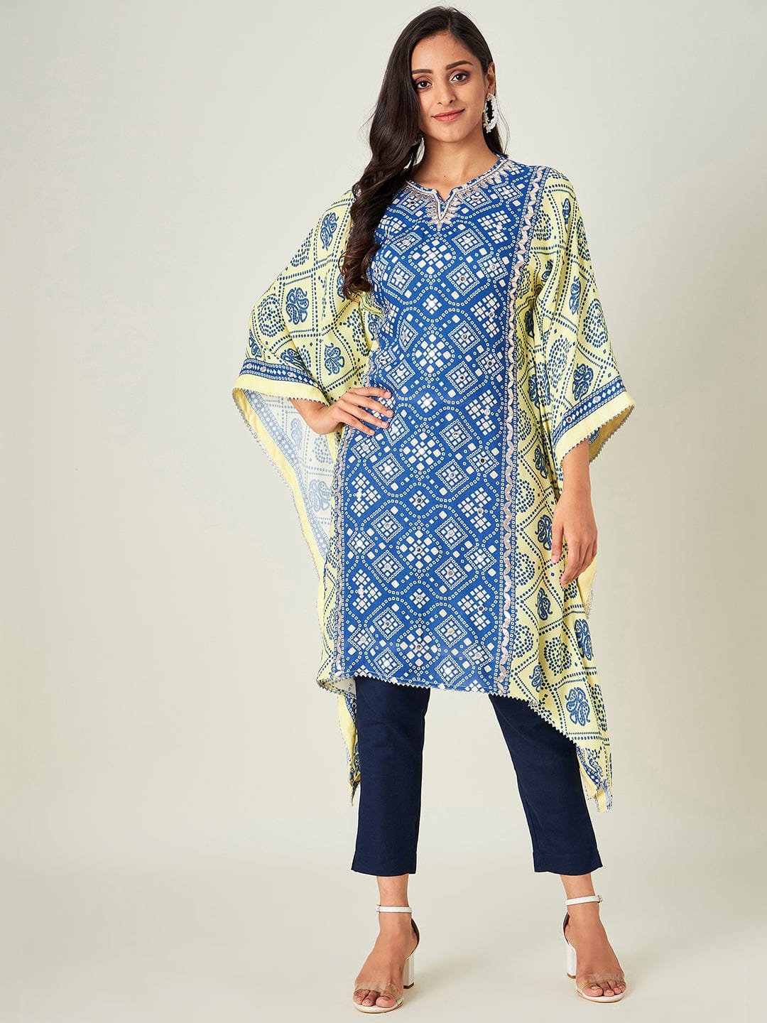 The Kaftan Company Kurta Yellow Blue Bandhani Kaftan Kurta