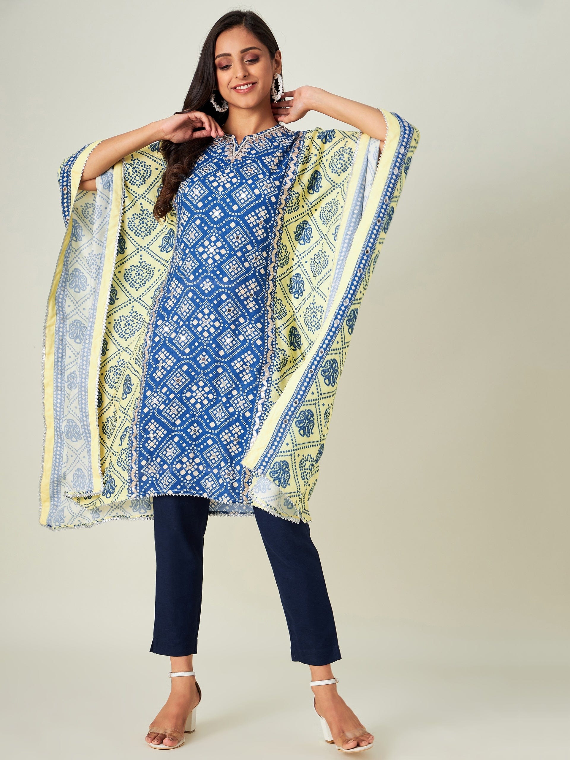 The Kaftan Company Kurta Yellow Blue Bandhani Kaftan Kurta