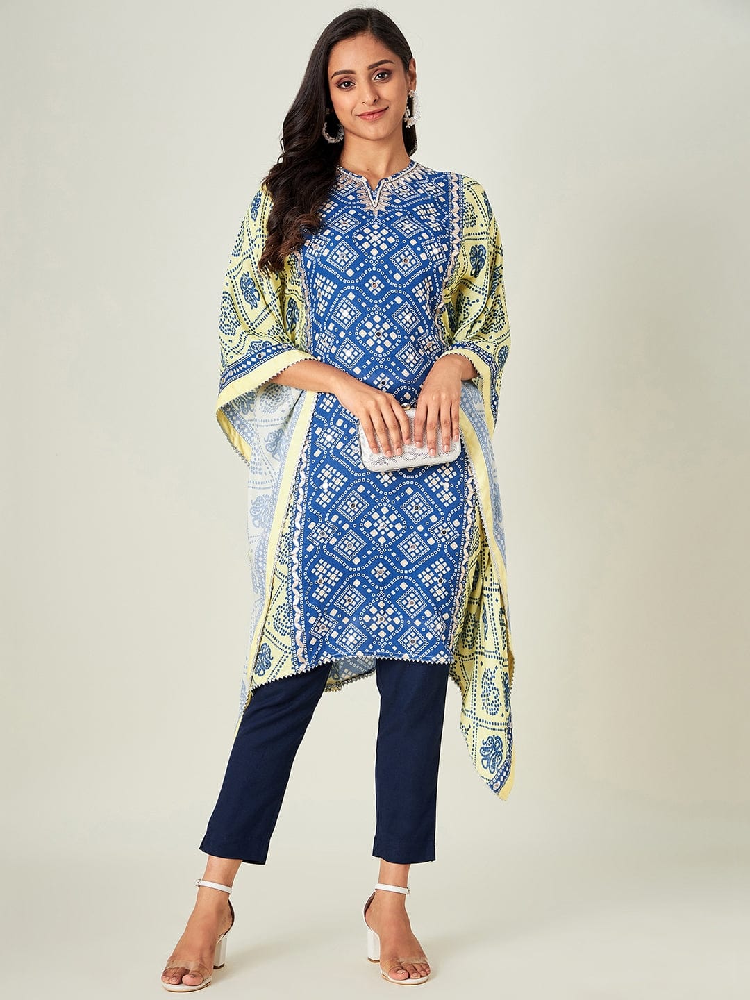 The Kaftan Company Kurta Yellow Blue Bandhani Kaftan Kurta