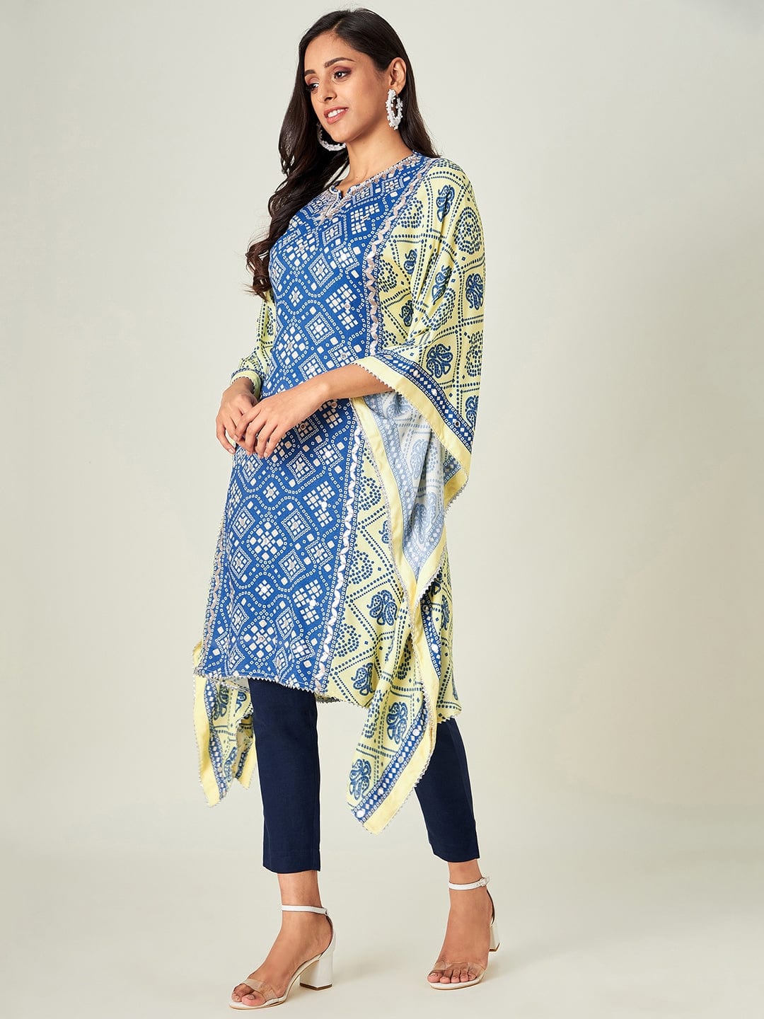 The Kaftan Company Kurta Yellow Blue Bandhani Kaftan Kurta