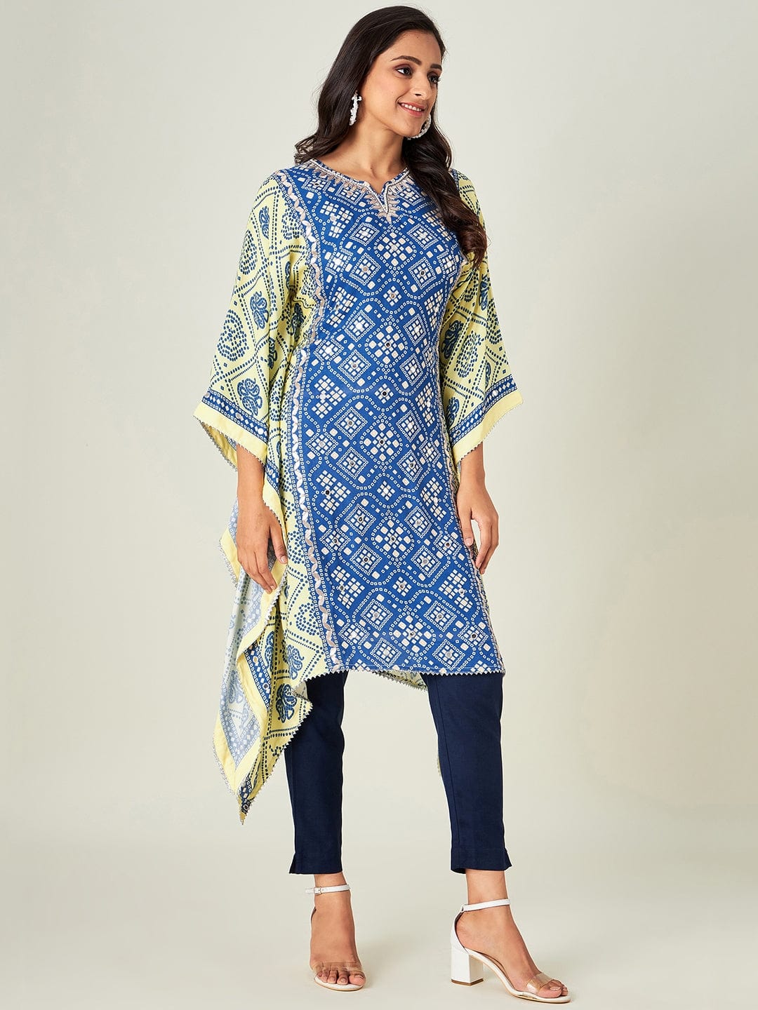 The Kaftan Company Kurta Yellow Blue Bandhani Kaftan Kurta