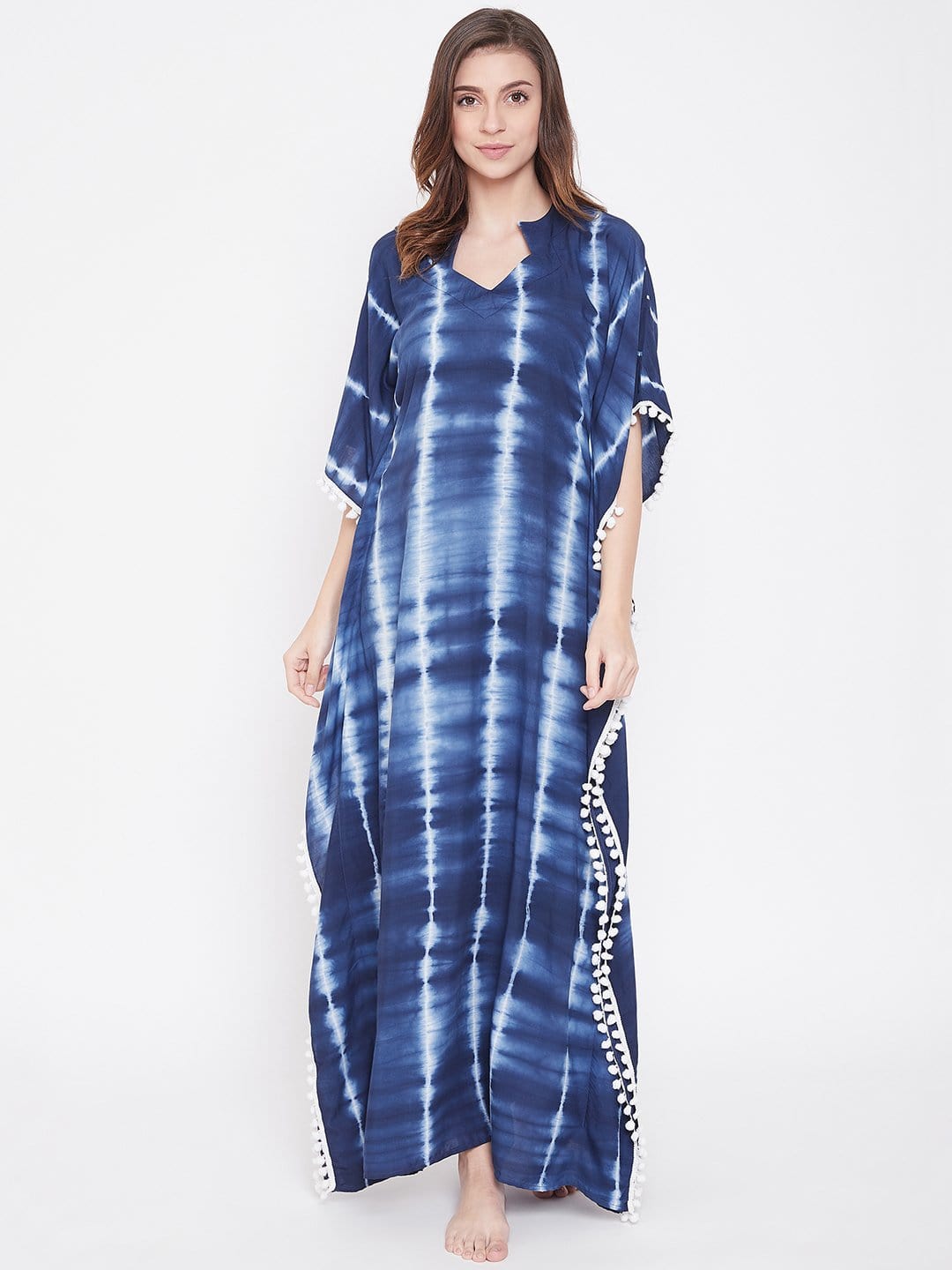 The Kaftan Company Loungewear Indigo Stripes Tie-Dye Kaftan with Pompoms