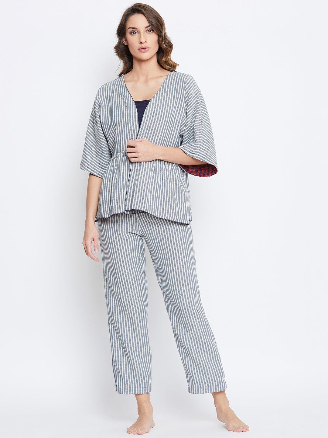 The Kaftan Company Loungewear Reversible Plaids and Stripes Cotton Lounge Set - (Clearance - Final Sale)