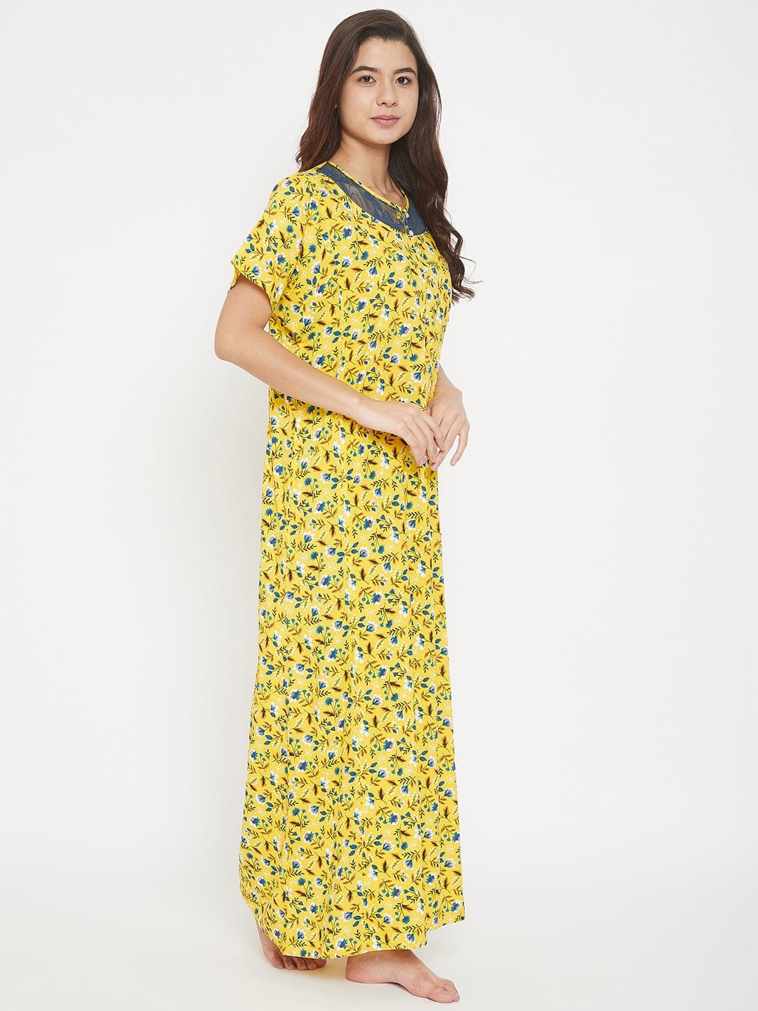 The Kaftan Company Nightdress Floral Printed Cotton Modal Maxi Nightdress with Lace Yoke - (Clearance - Final Sale)
