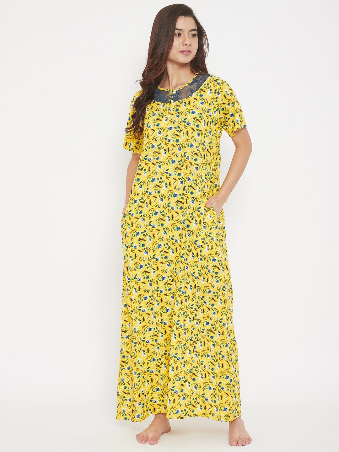 The Kaftan Company Nightdress Floral Printed Cotton Modal Maxi Nightdress with Lace Yoke - (Clearance - Final Sale)
