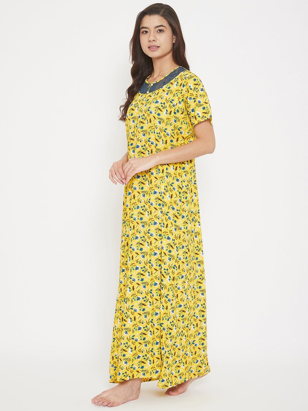 The Kaftan Company Nightdress Floral Printed Cotton Modal Maxi Nightdress with Lace Yoke - (Clearance - Final Sale)