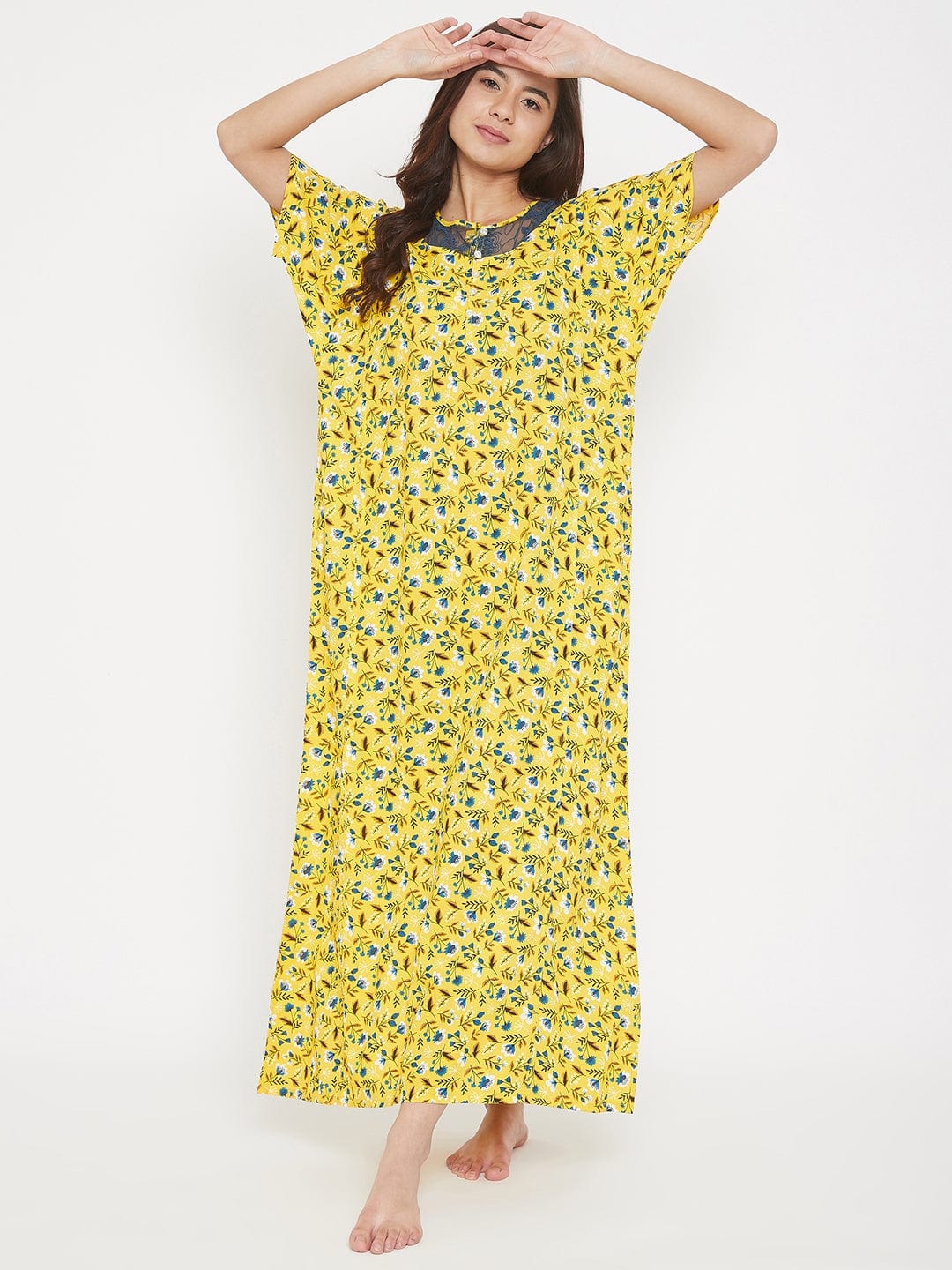 The Kaftan Company Nightdress Floral Printed Cotton Modal Maxi Nightdress with Lace Yoke - (Clearance - Final Sale)
