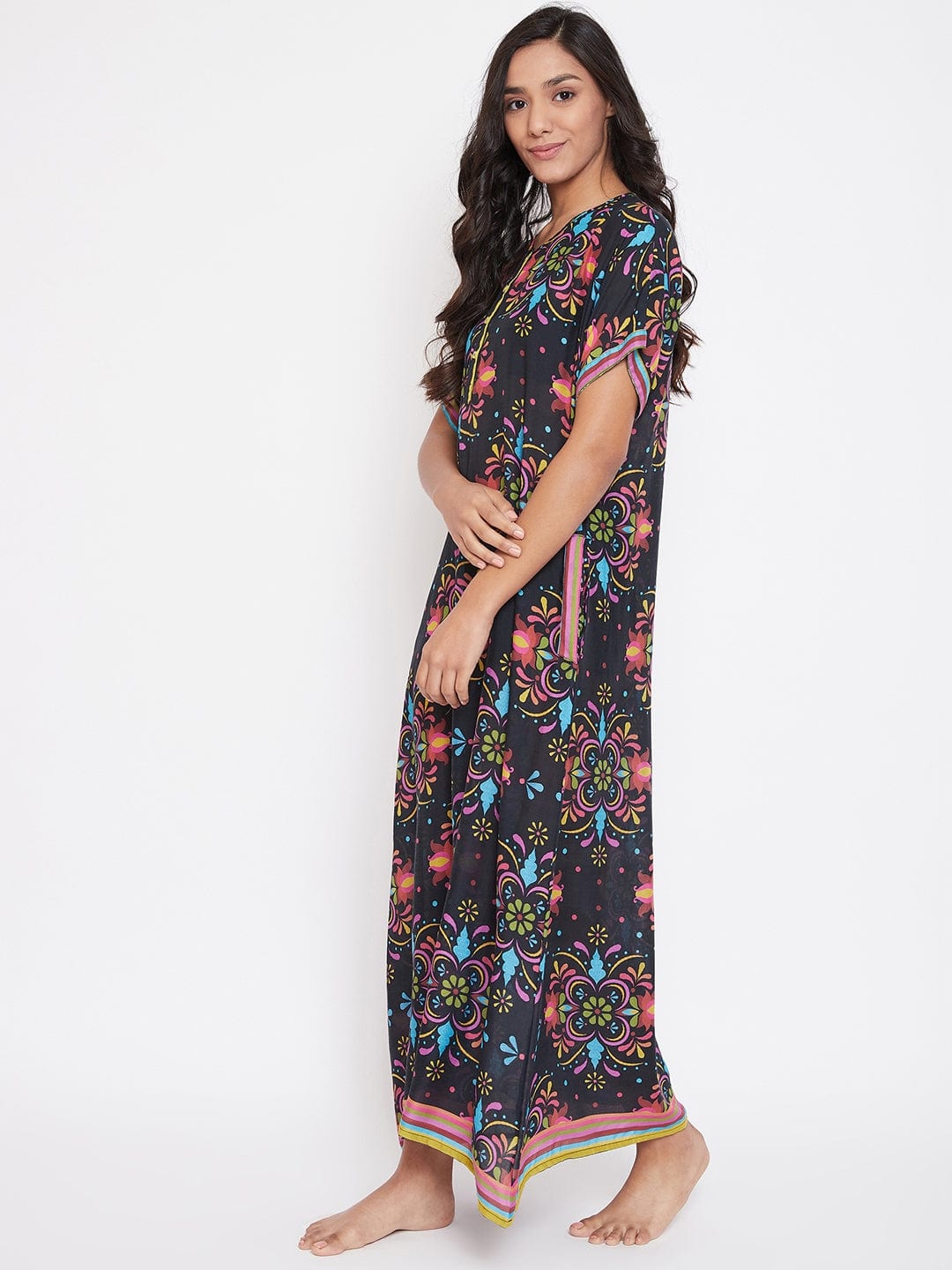 The Kaftan Company Nightdress Floral Rhythm Modal Black Nighty