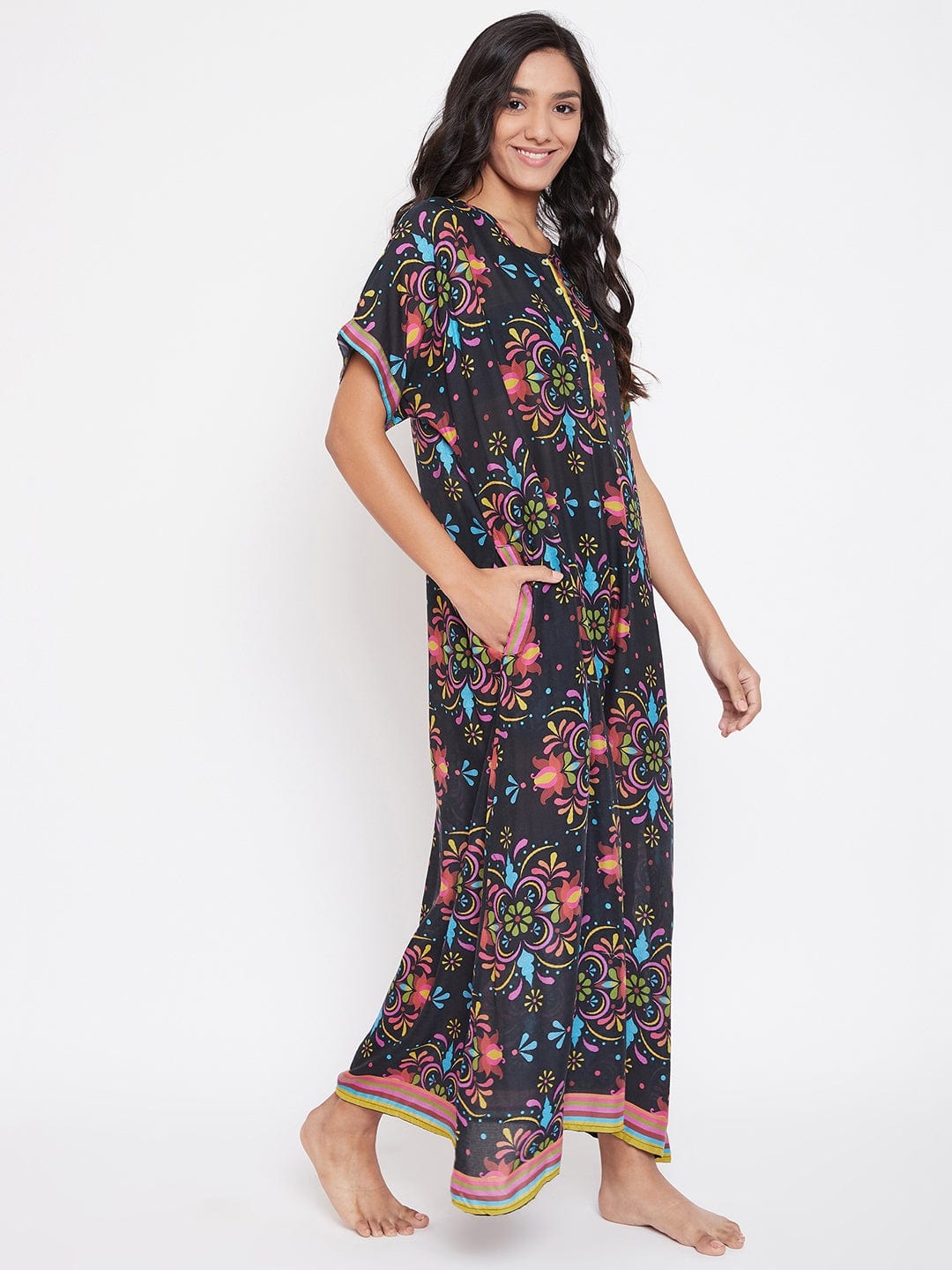 The Kaftan Company Nightdress Floral Rhythm Modal Black Nighty