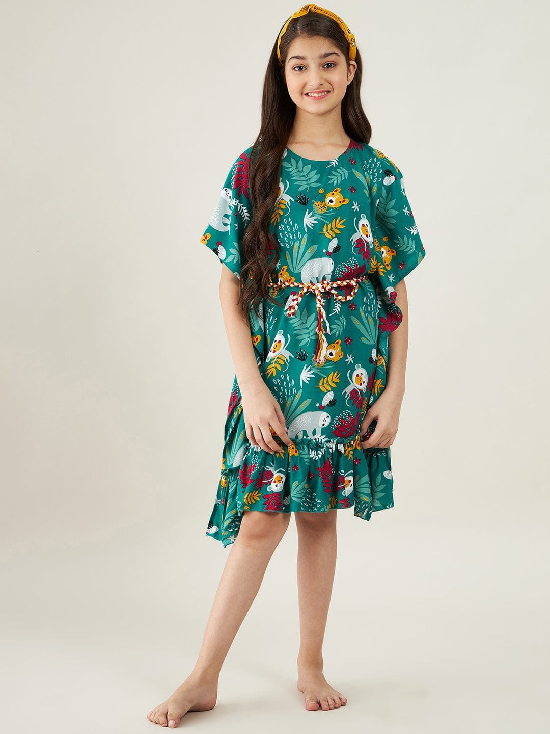 The Kaftan Company Nightdress Girls Forest Green Jungle Party Kaftan Nightdress