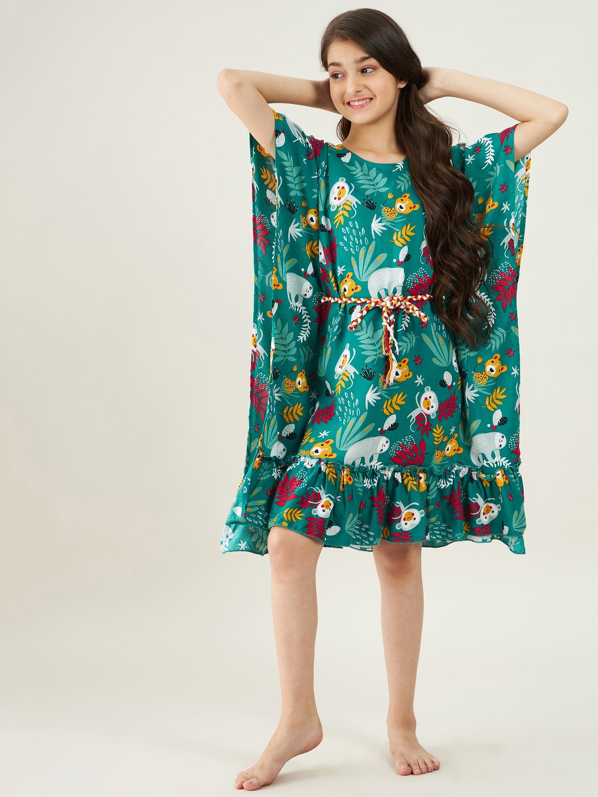 The Kaftan Company Nightdress Girls Forest Green Jungle Party Kaftan Nightdress