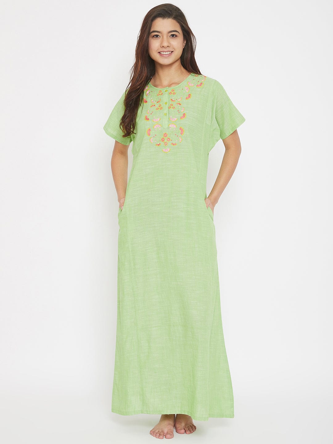 The Kaftan Company Nightdress Mangalgiri Cotton Emboidered Round Neck Nighty with Placket