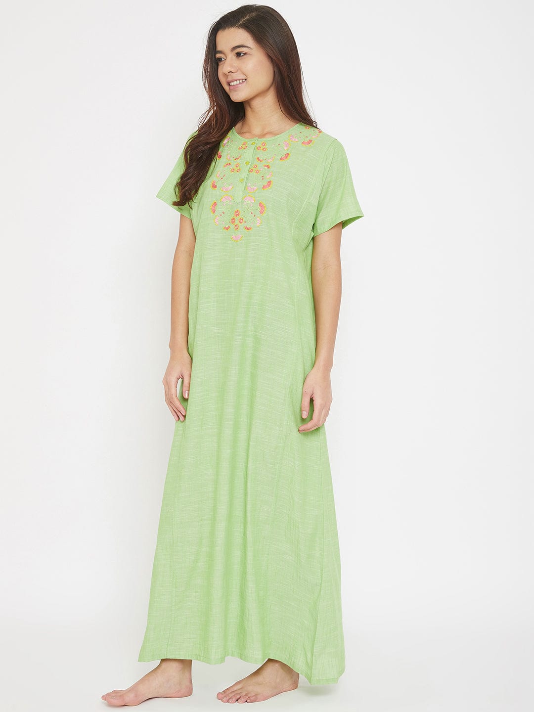 The Kaftan Company Nightdress Mangalgiri Cotton Emboidered Round Neck Nighty with Placket
