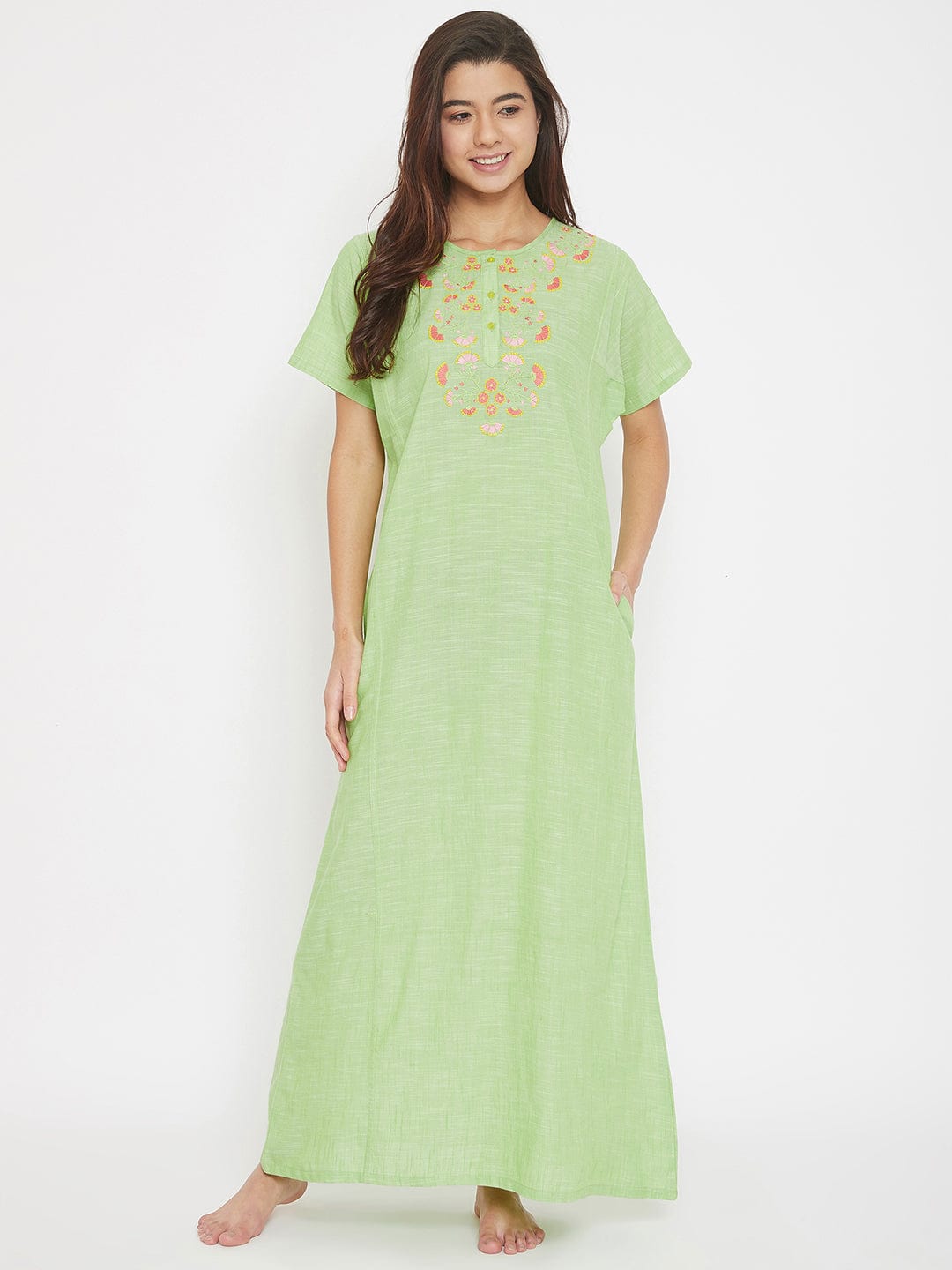 The Kaftan Company Nightdress Mangalgiri Cotton Emboidered Round Neck Nighty with Placket