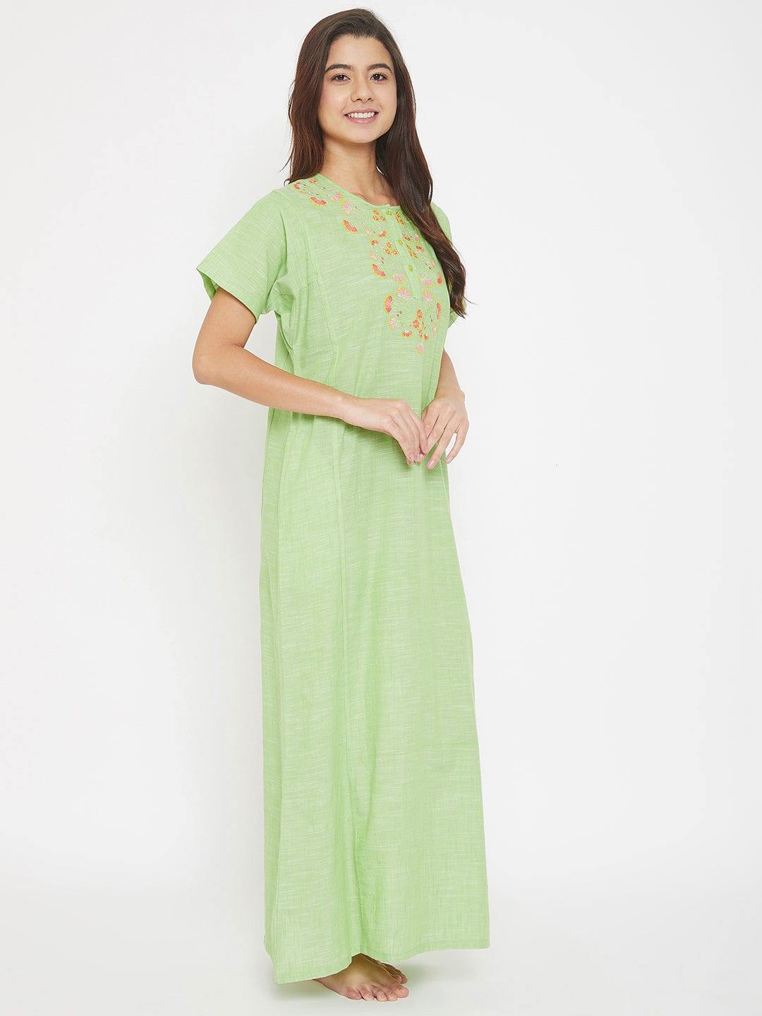 The Kaftan Company Nightdress Mangalgiri Cotton Emboidered Round Neck Nighty with Placket