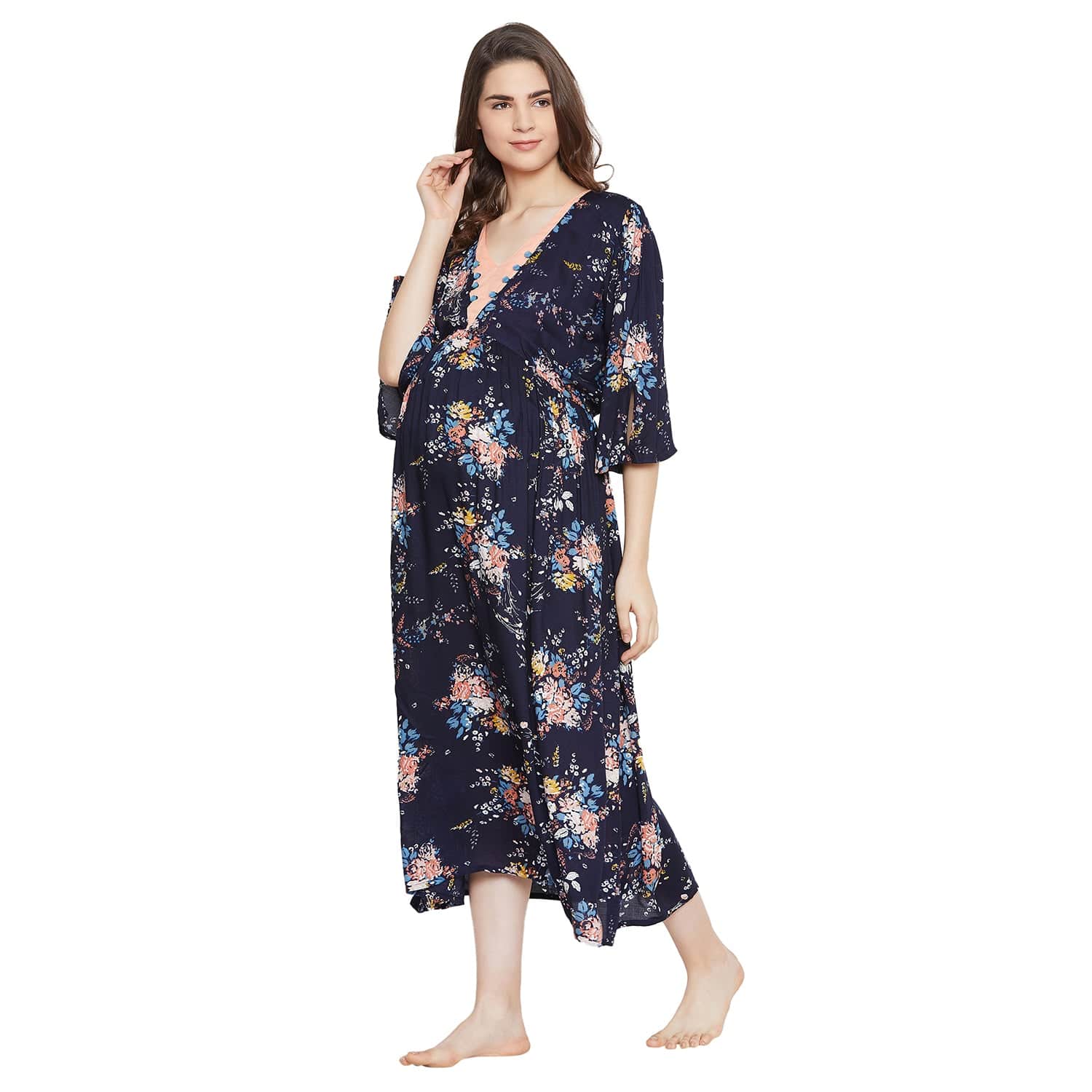 The Kaftan Company Nightdress Navy Blue Floral Maternity Dress - (Clearance - Final Sale)
