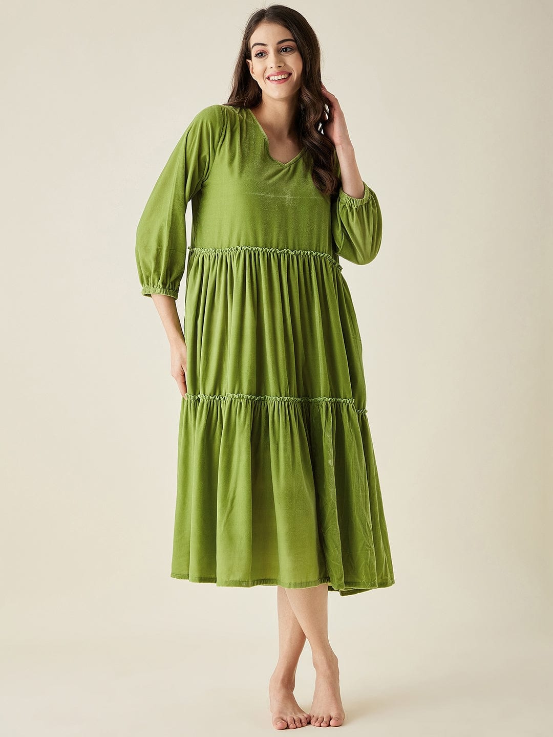The Kaftan Company Nightdress Olive Velvet Layered Midi Loungedress