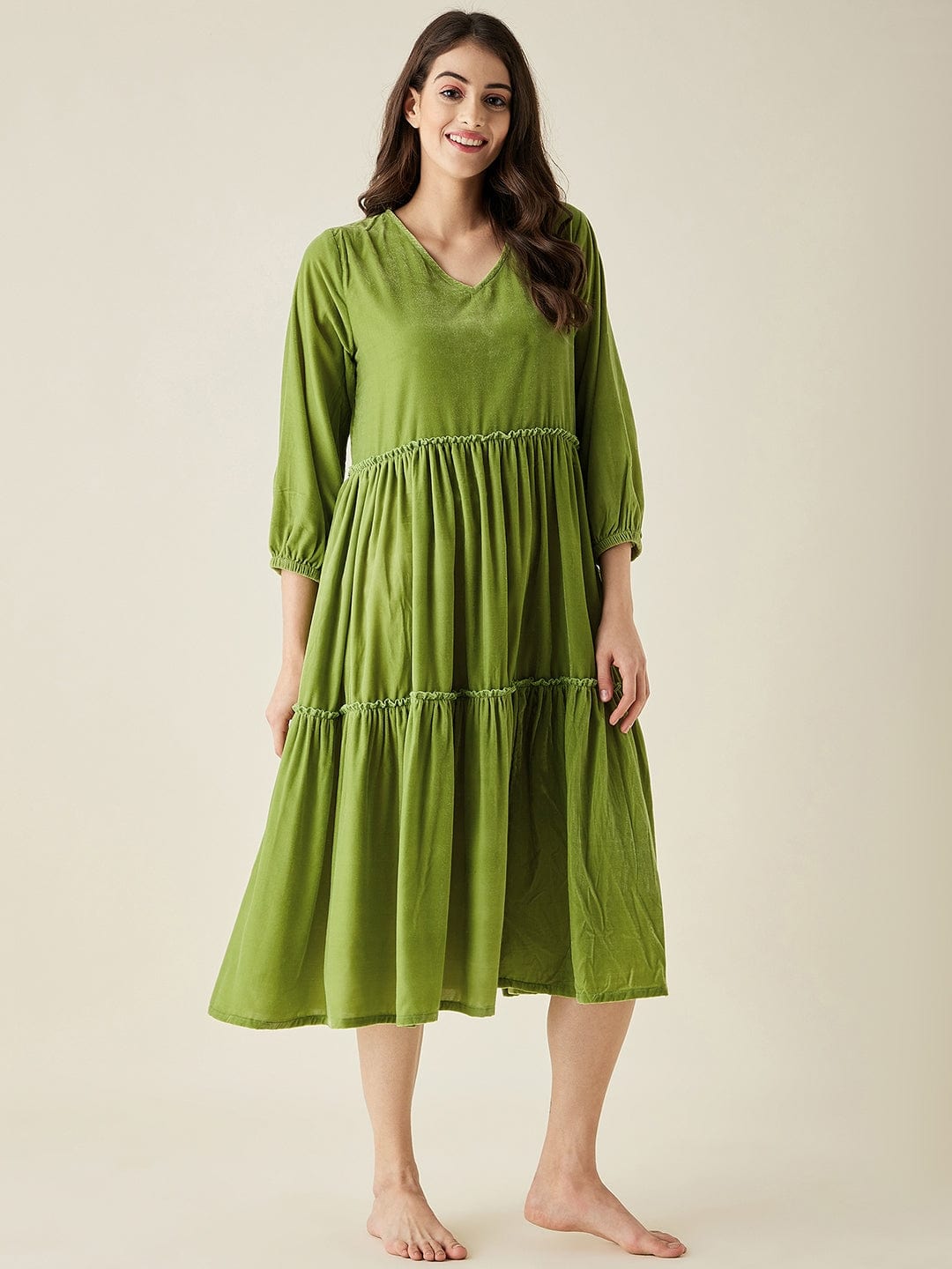 The Kaftan Company Nightdress Olive Velvet Layered Midi Loungedress