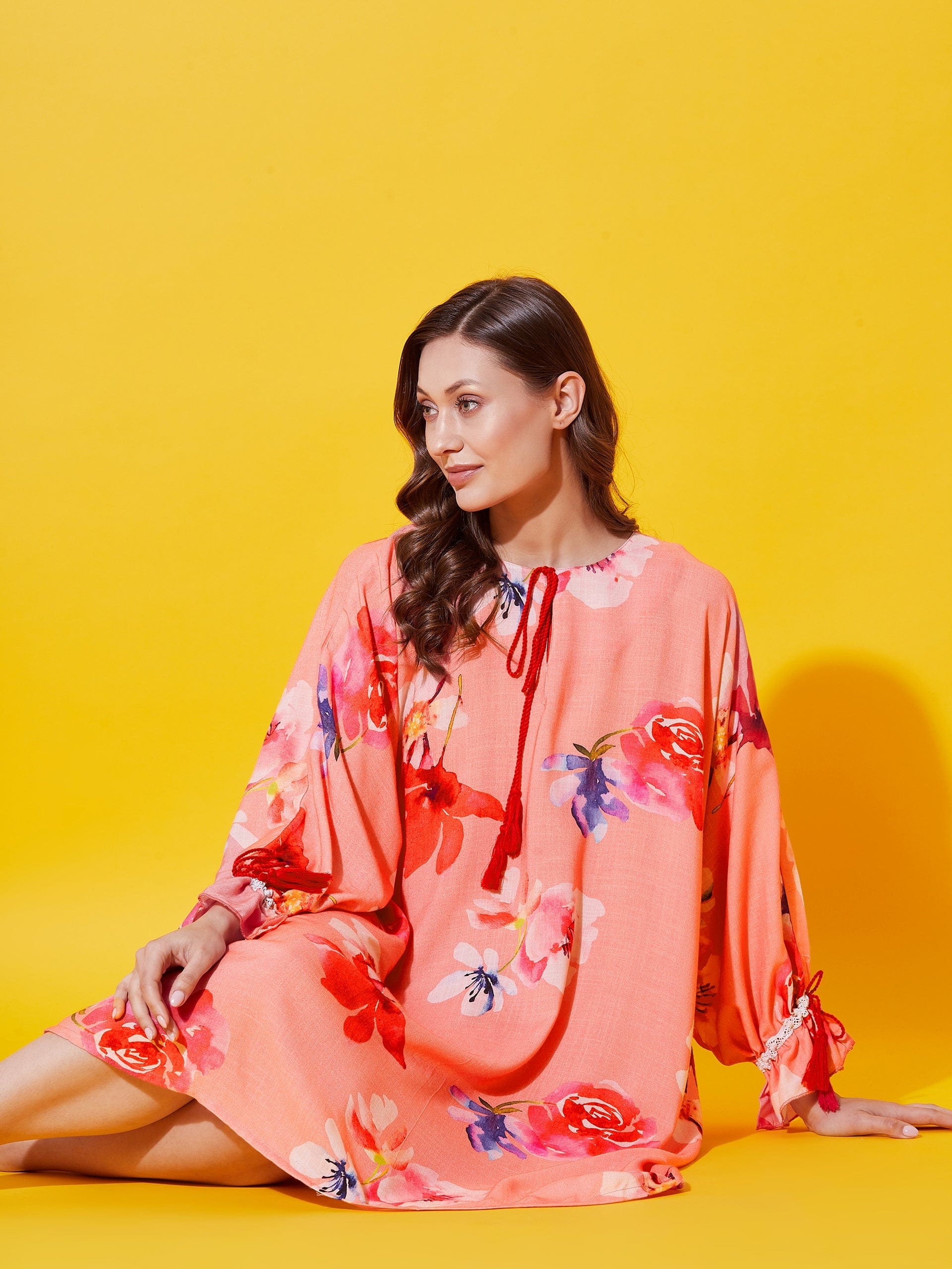 The Kaftan Company Nightdress Peach Floral Supersoft Nap Dress