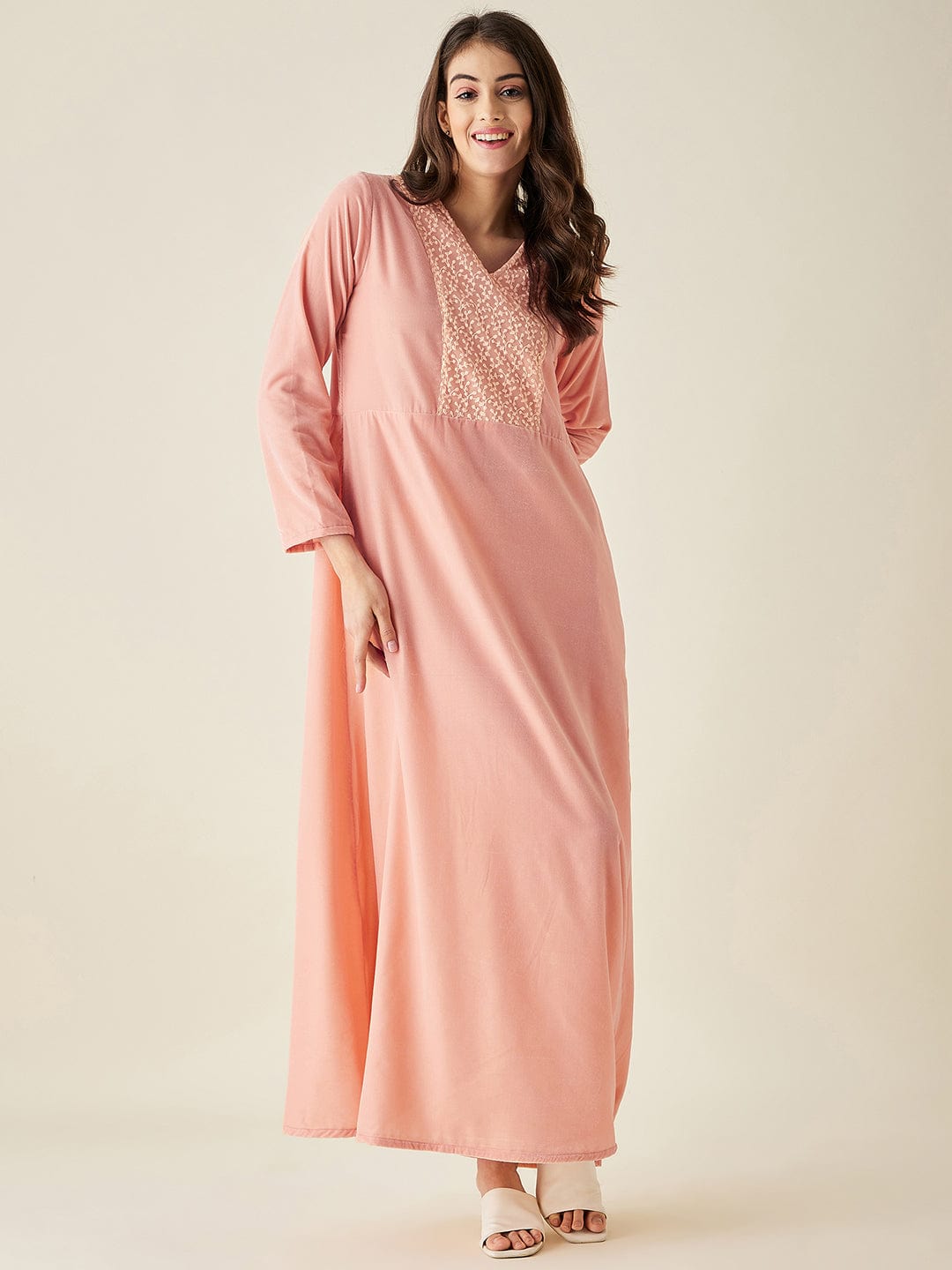 The Kaftan Company Nightdress Peach Velvet Nightdress with Lace
