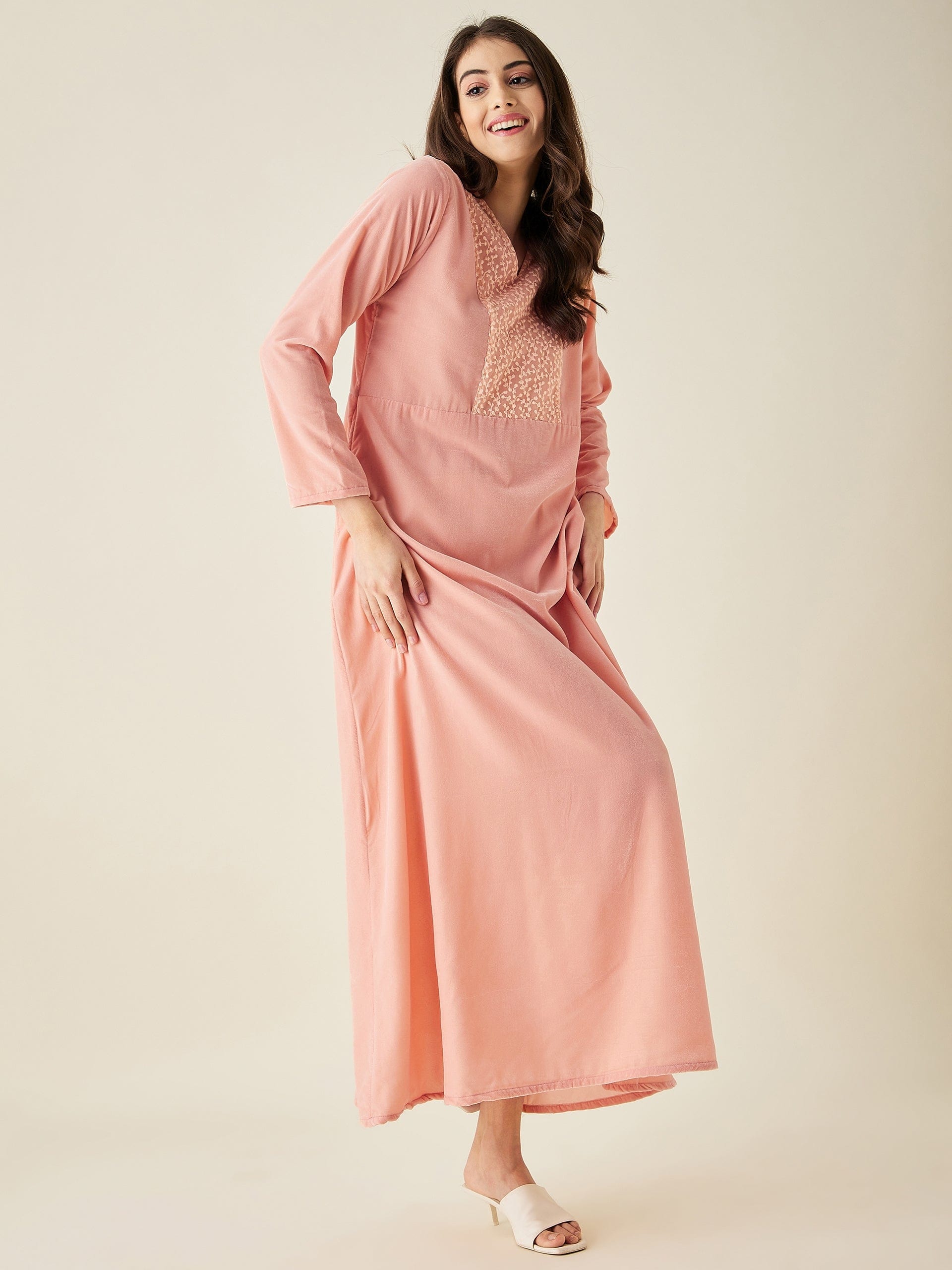 The Kaftan Company Nightdress Peach Velvet Nightdress with Lace