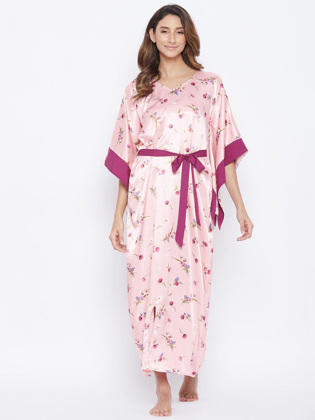 The Kaftan Company Nightdress Pink Posy Satin Katan