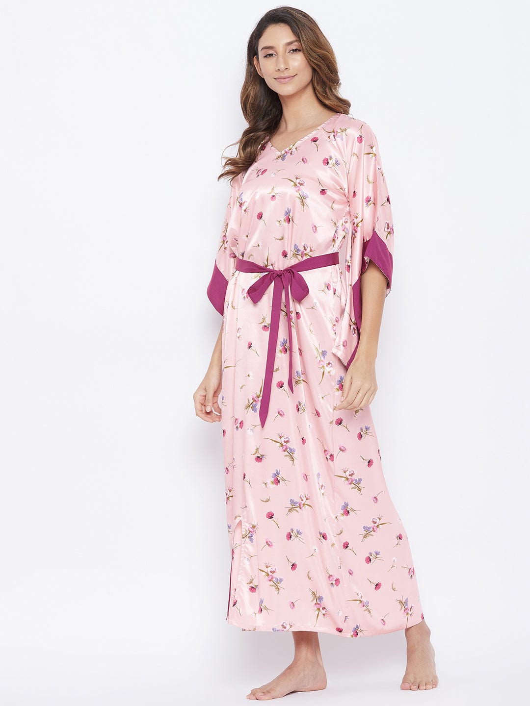 The Kaftan Company Nightdress Pink Posy Satin Katan