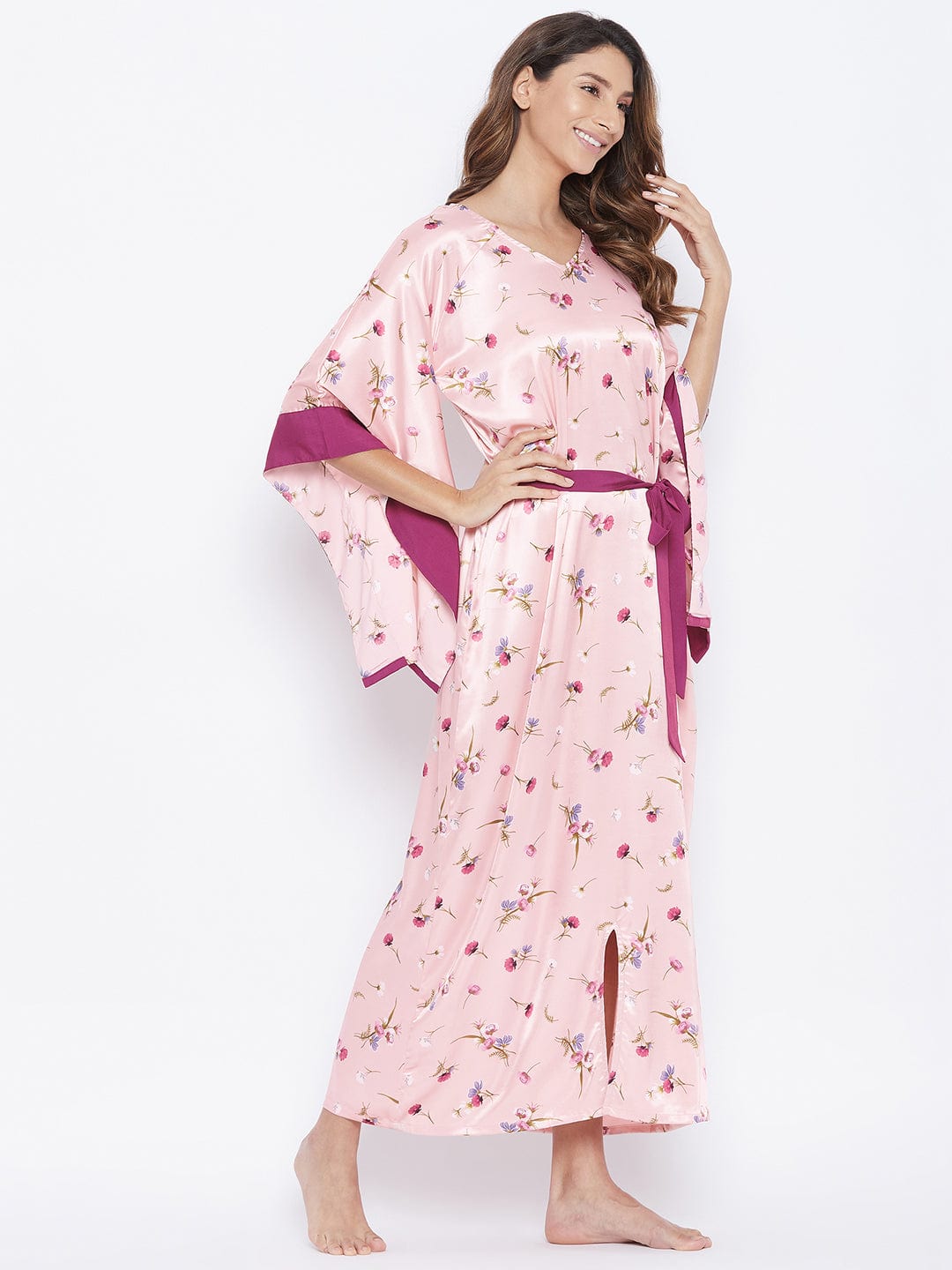 The Kaftan Company Nightdress Pink Posy Satin Katan