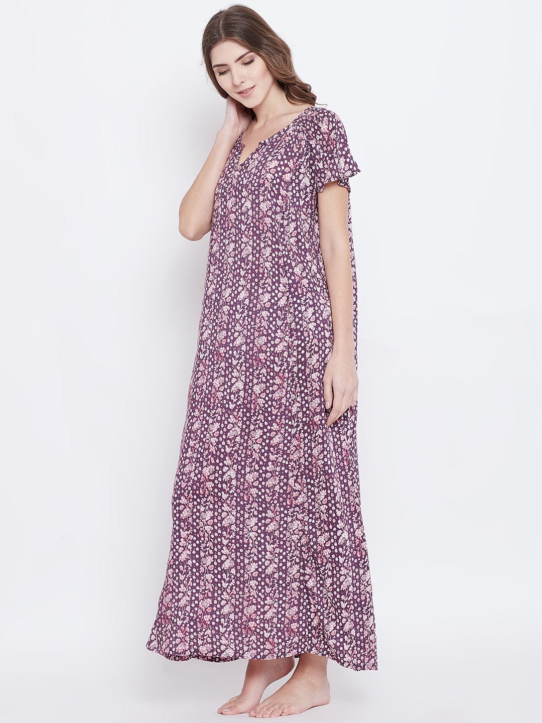 The Kaftan Company Nightdress Purple Floral Printed Nightdress - (Clearance - Final Sale)