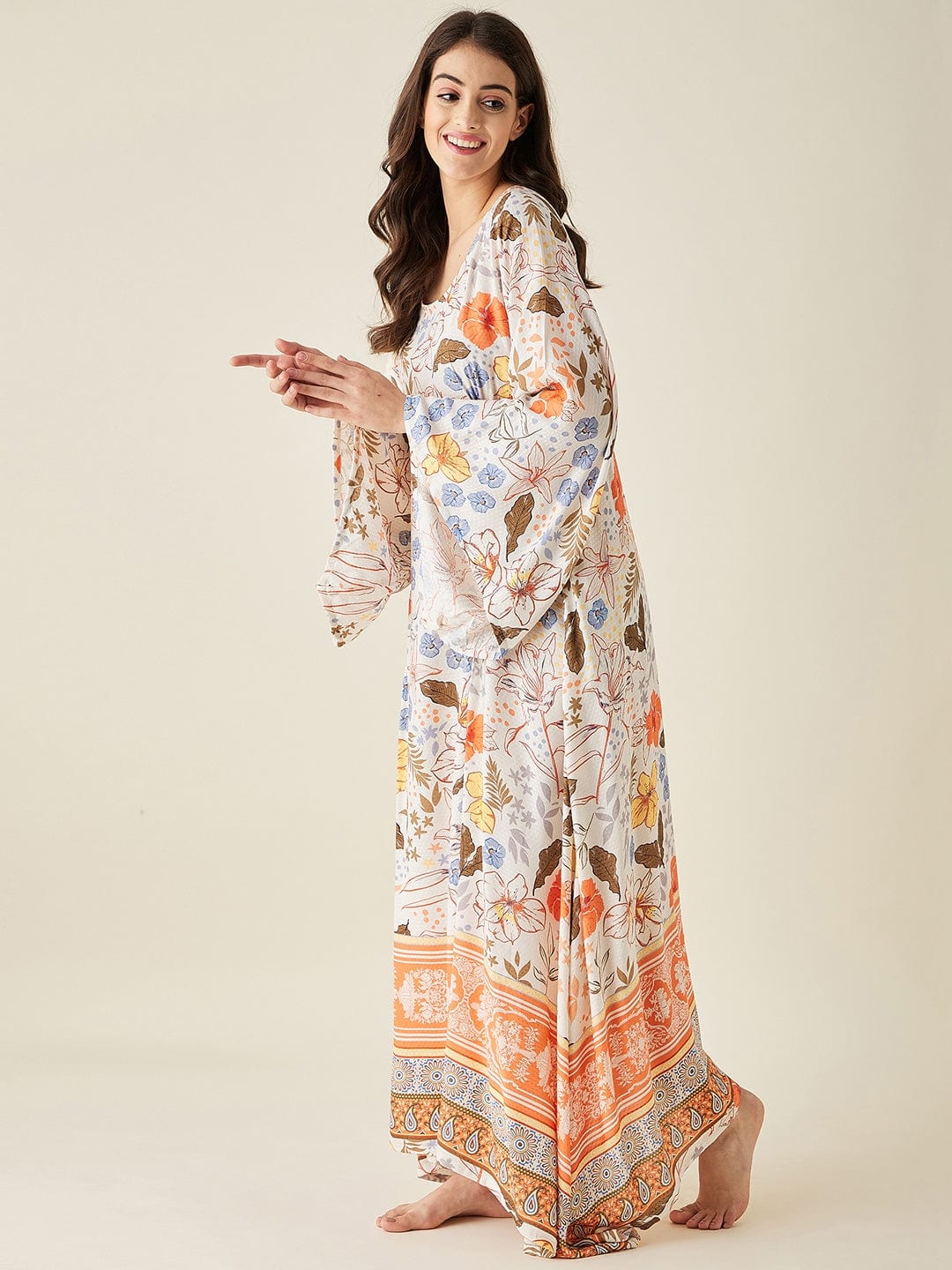 The Kaftan Company Nightdress White Flora Flared Sleeve Modal Lounge Dress