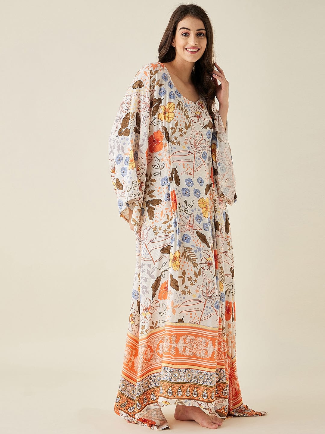 The Kaftan Company Nightdress White Flora Flared Sleeve Modal Lounge Dress
