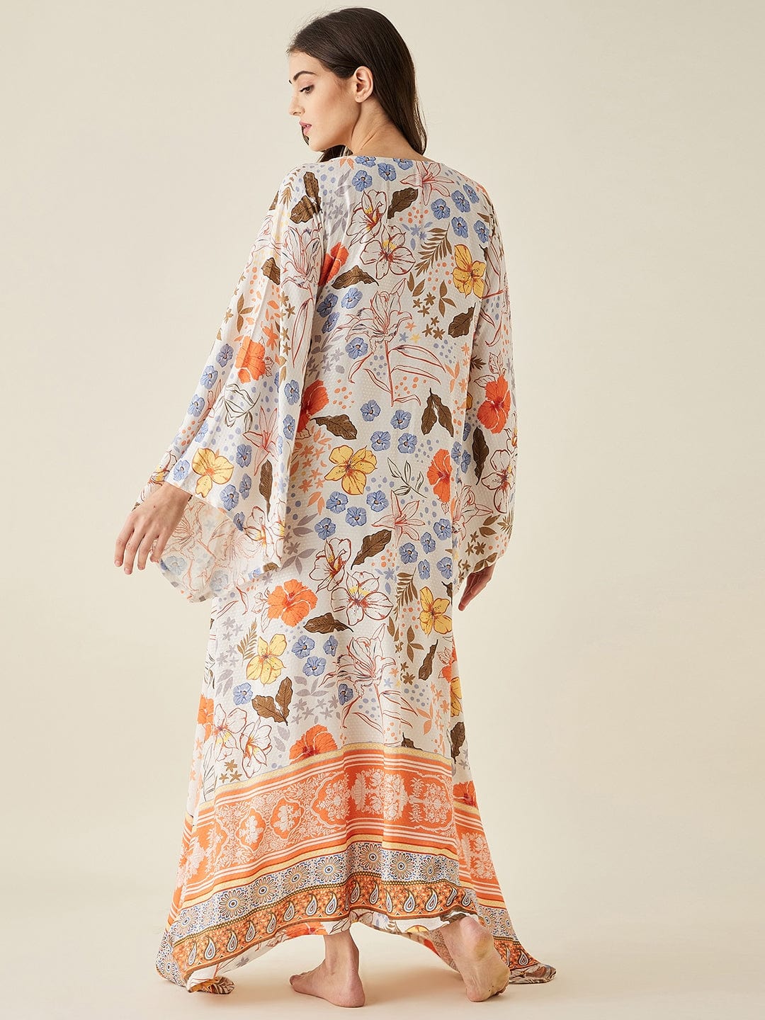 The Kaftan Company Nightdress White Flora Flared Sleeve Modal Lounge Dress