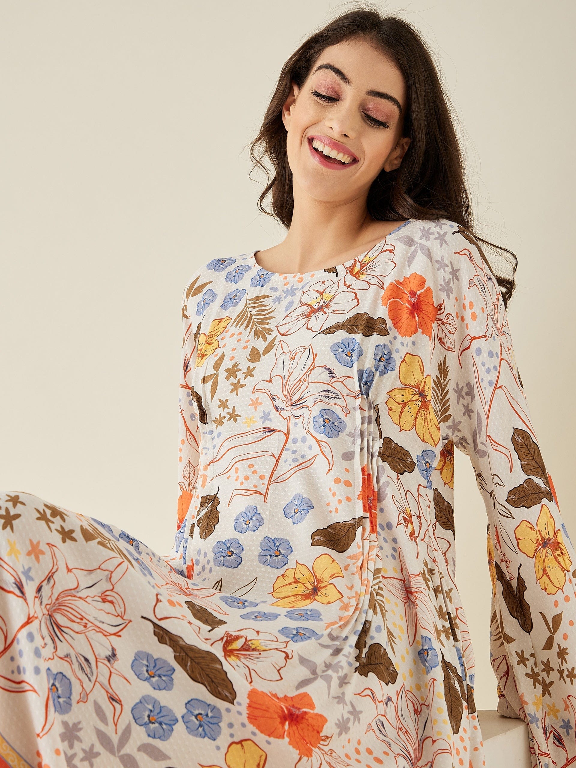 The Kaftan Company Nightdress White Flora Flared Sleeve Modal Lounge Dress