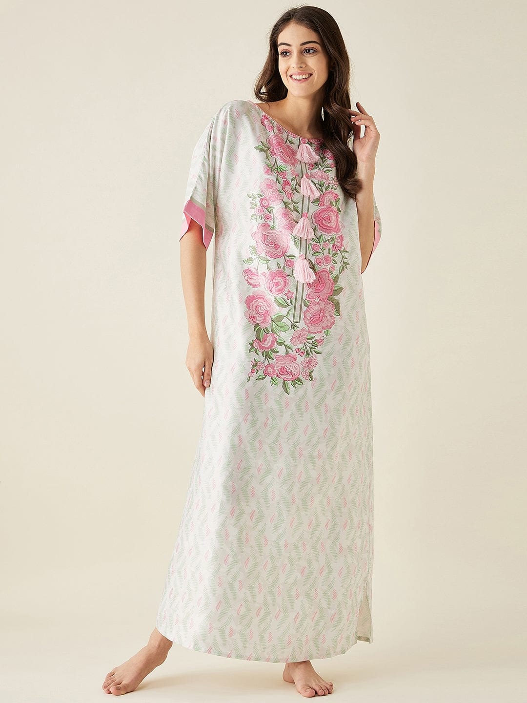 The Kaftan Company Nightdress White Floral Printed Satin Night Dress with Eyemask