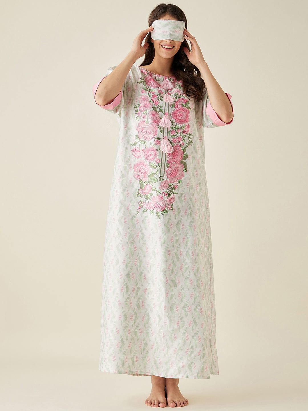 The Kaftan Company Nightdress White Floral Printed Satin Night Dress with Eyemask