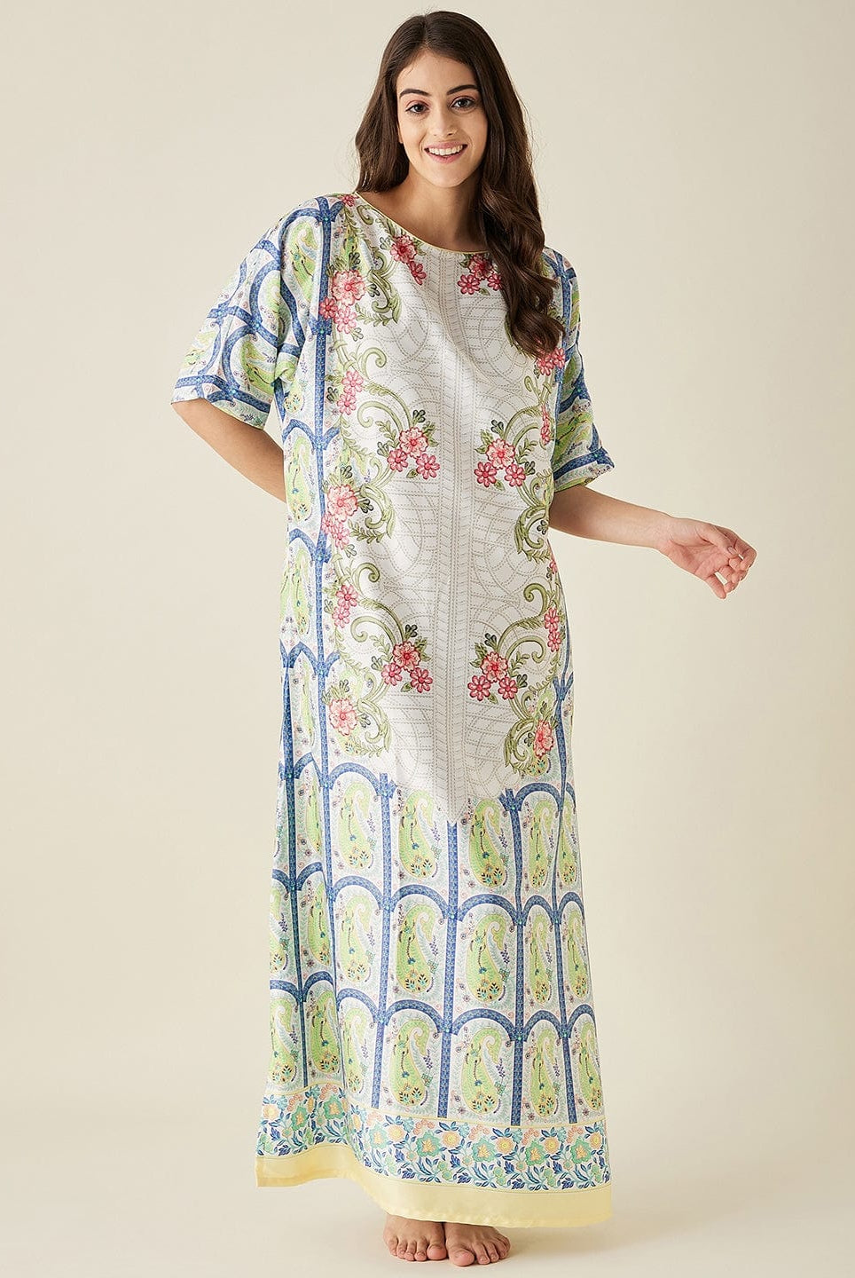 The Kaftan Company Nightdress White Mosaic Floral Printed Satin Nightdress with Eyemask