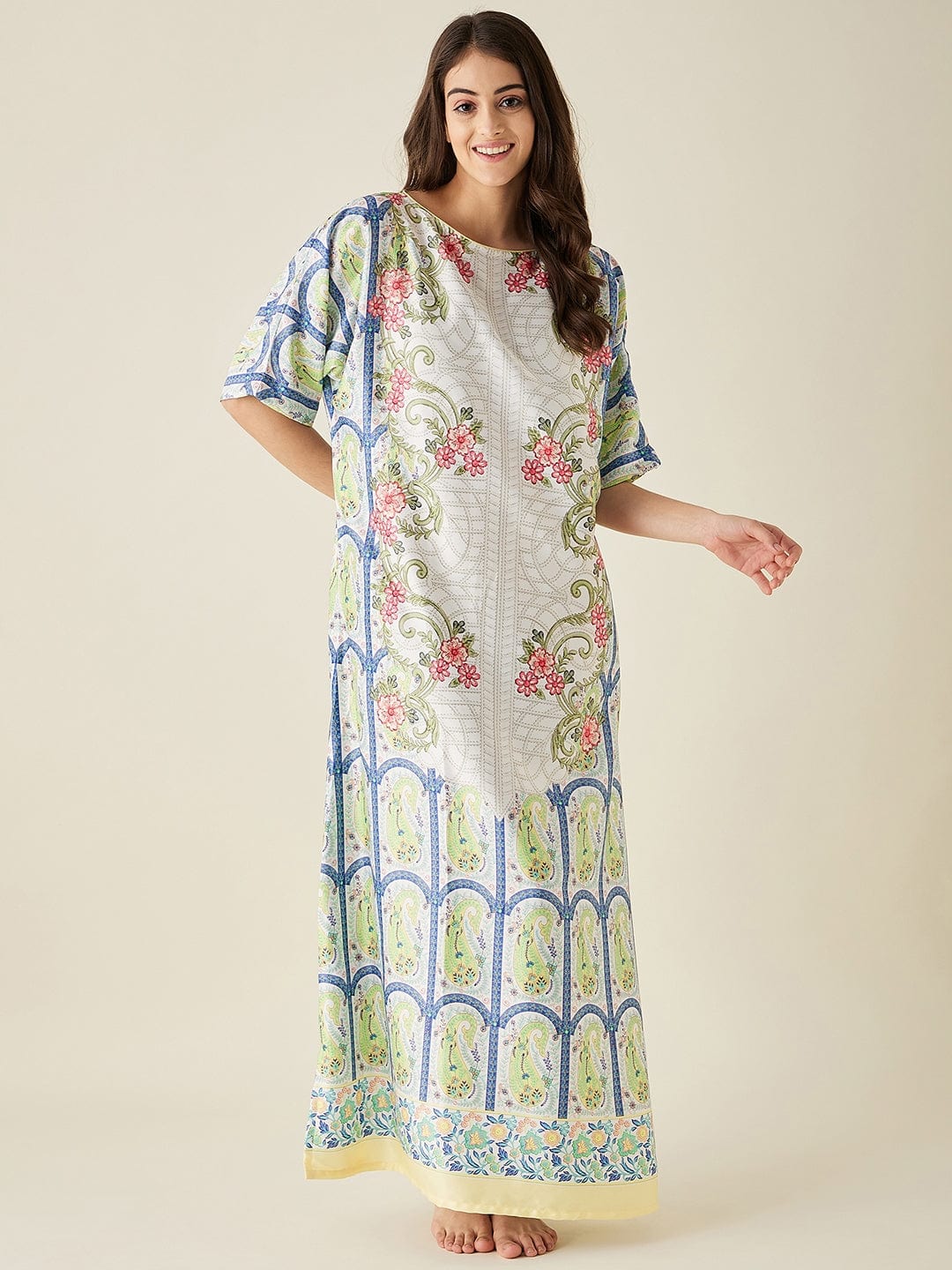 The Kaftan Company Nightdress White Mosaic Floral Printed Satin Nightdress with Eyemask