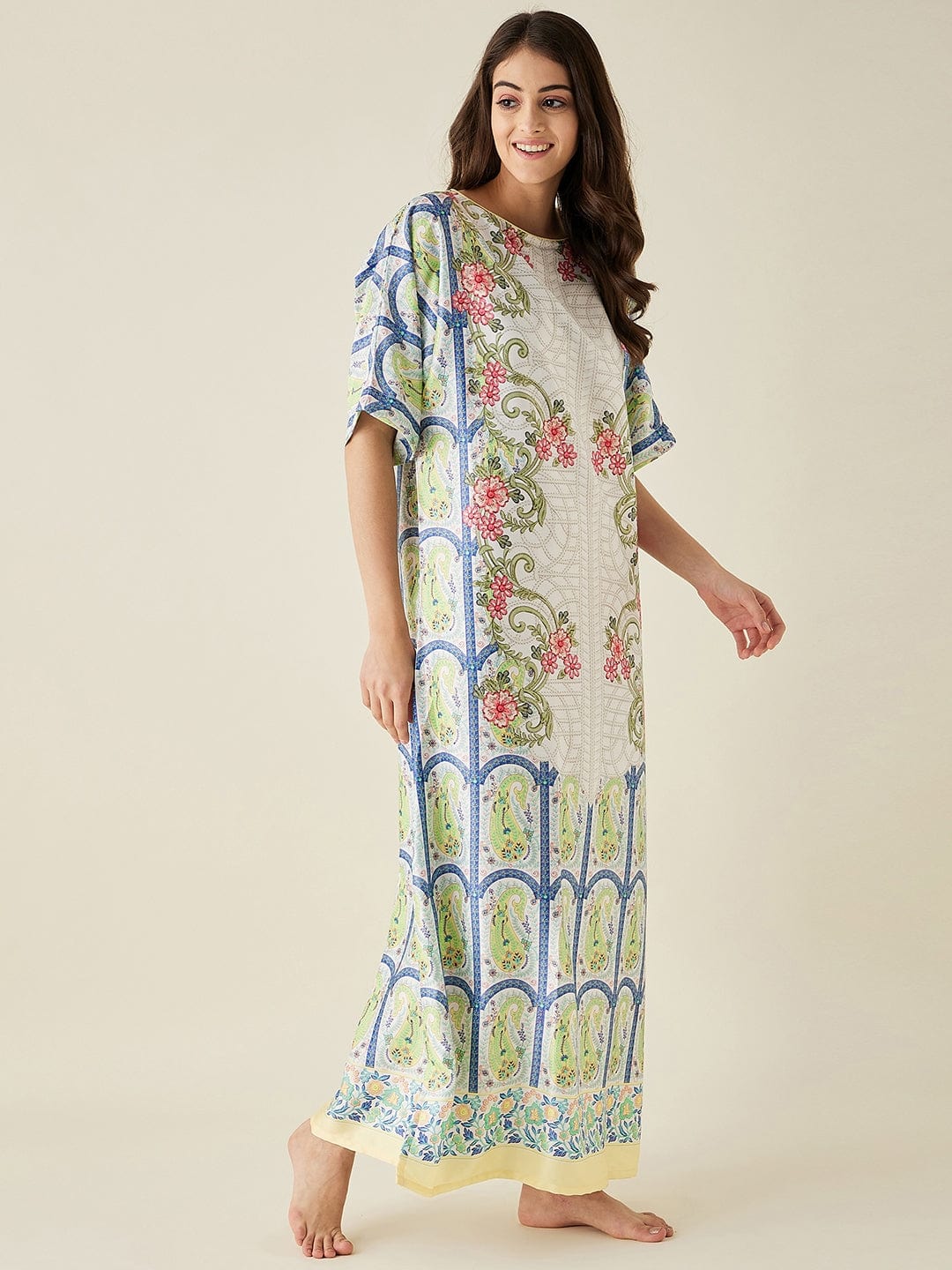 The Kaftan Company Nightdress White Mosaic Floral Printed Satin Nightdress with Eyemask