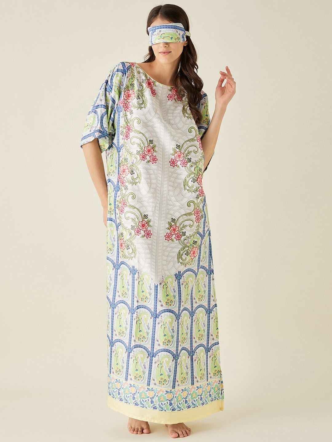 The Kaftan Company Nightdress White Mosaic Floral Printed Satin Nightdress with Eyemask