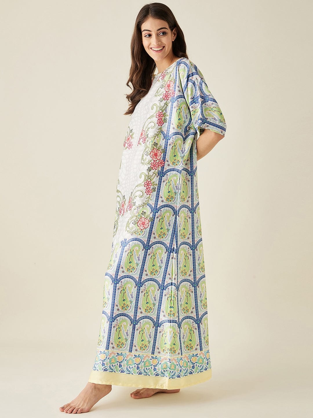 The Kaftan Company Nightdress White Mosaic Floral Printed Satin Nightdress with Eyemask