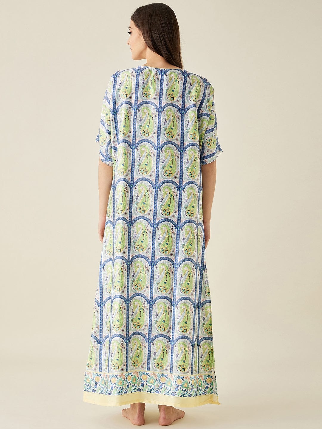 The Kaftan Company Nightdress White Mosaic Floral Printed Satin Nightdress with Eyemask