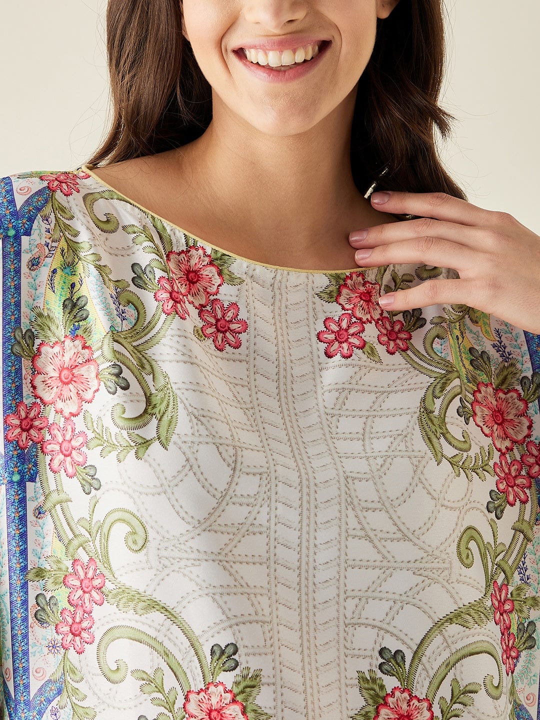 The Kaftan Company Nightdress White Mosaic Floral Printed Satin Nightdress with Eyemask