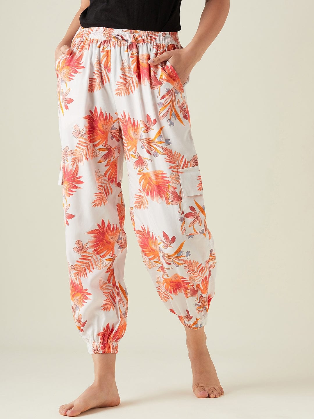 The Kaftan Company Pants Palm leaves white cotton joggers