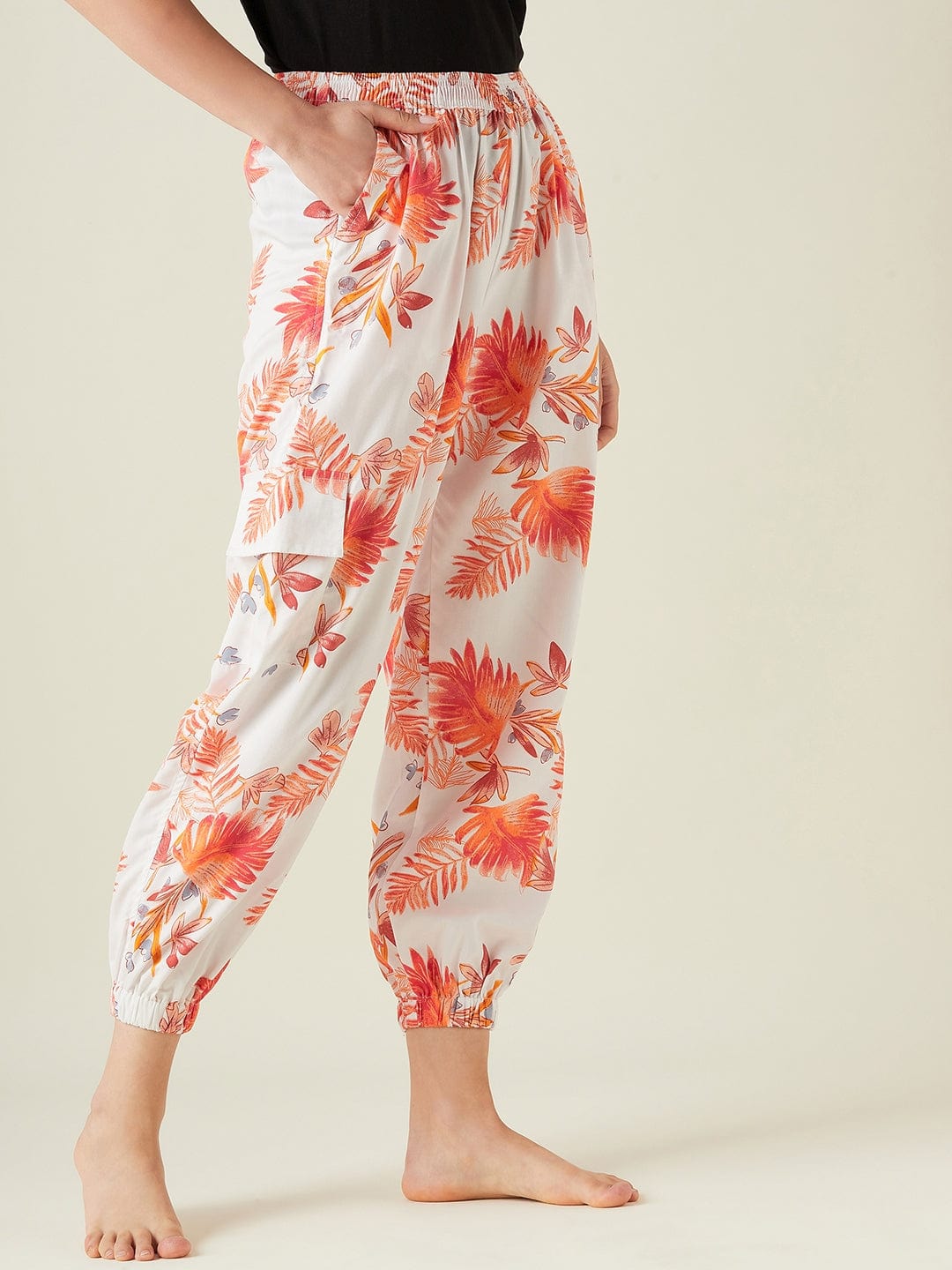 The Kaftan Company Pants Palm leaves white cotton joggers