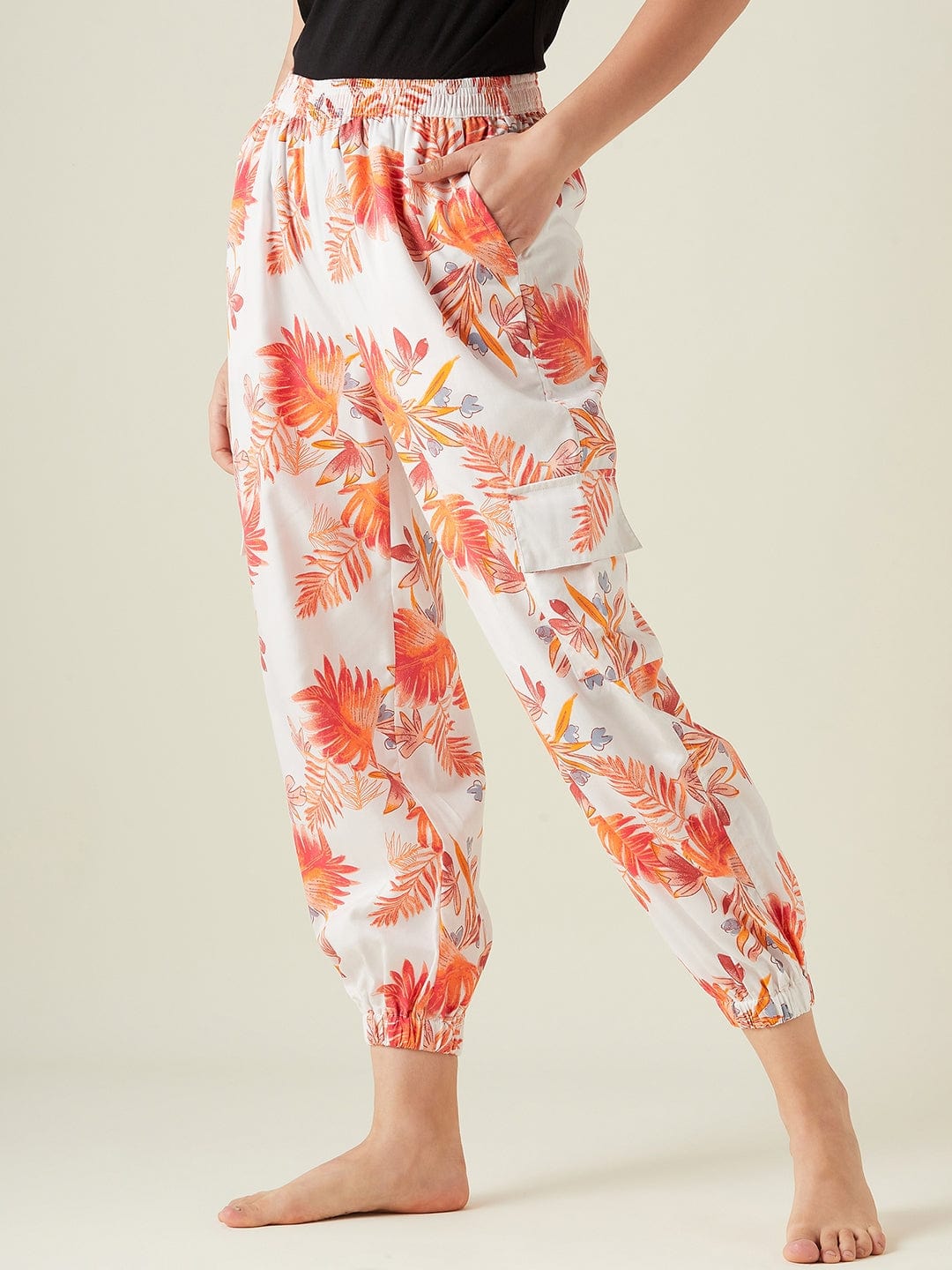 The Kaftan Company Pants Palm leaves white cotton joggers