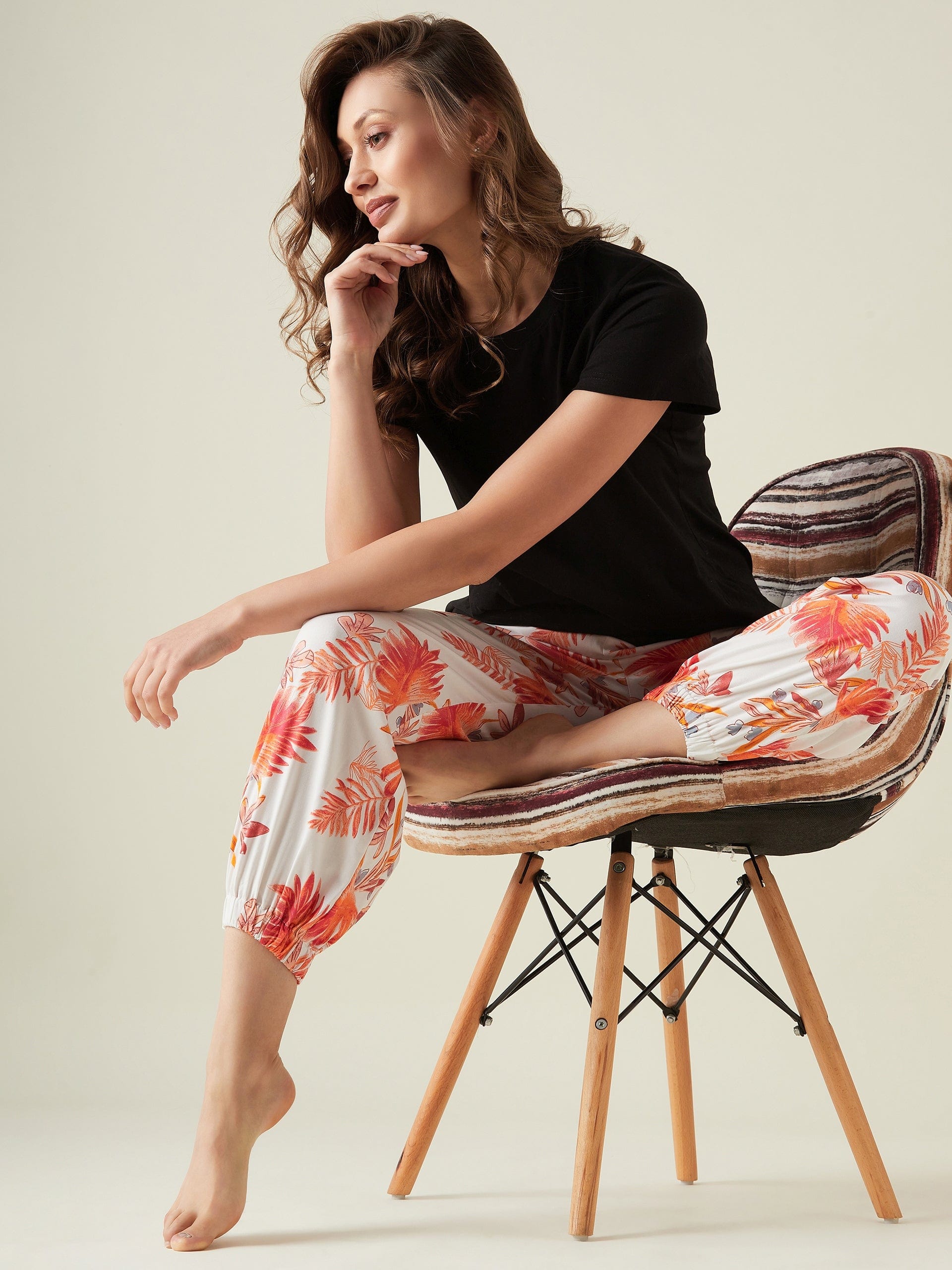 The Kaftan Company Pants Palm leaves white cotton joggers