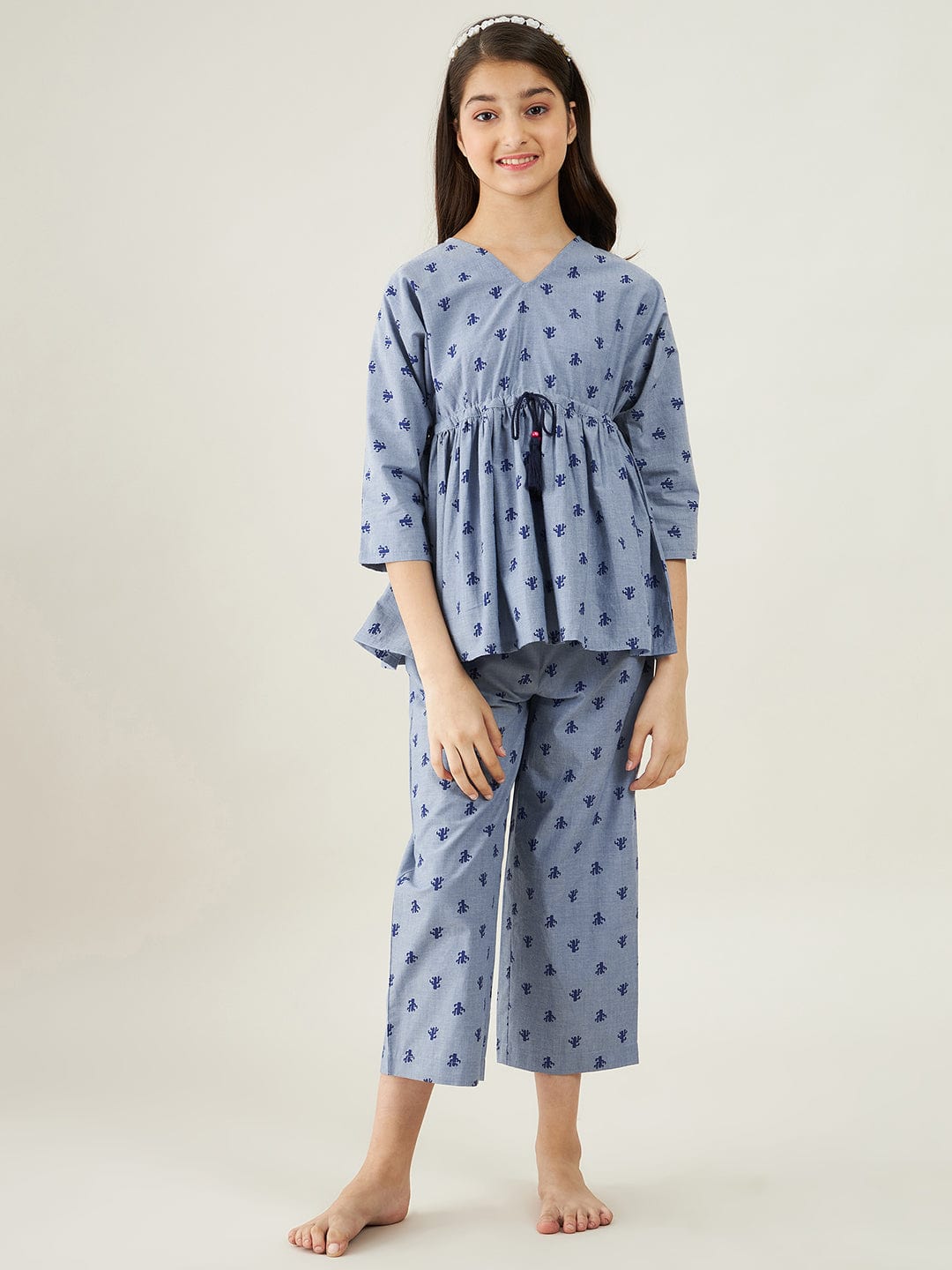 The Kaftan Company Pyjama Set Girls Grey Chambray Cacti Loungeset