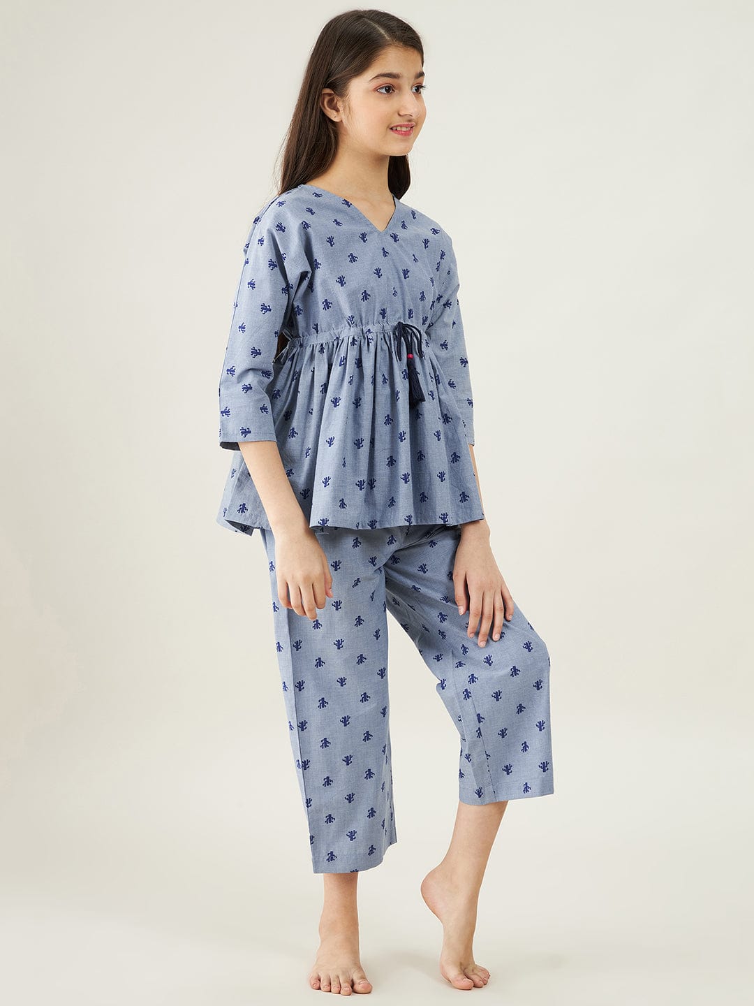 The Kaftan Company Pyjama Set Girls Grey Chambray Cacti Loungeset
